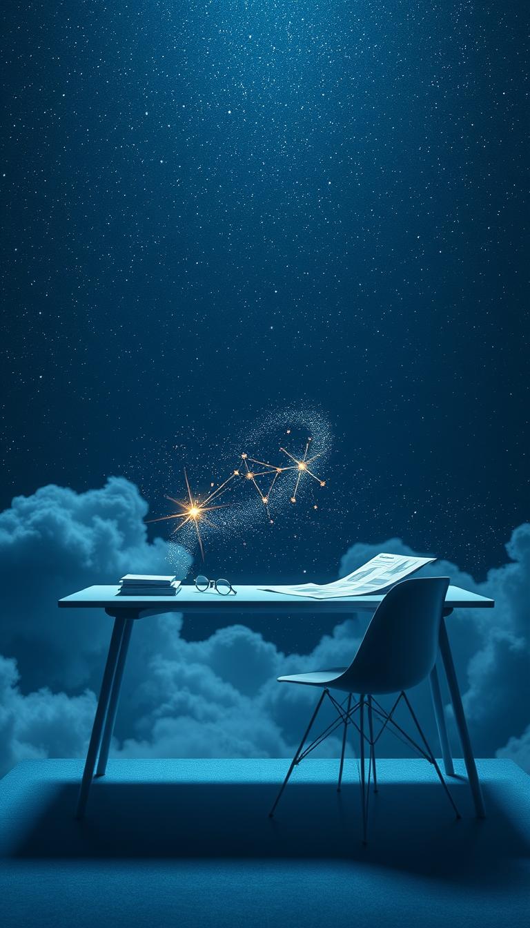 A serene, dreamy scene depicting an imaginative workspace floating among the stars. In the foreground, a sleek modern desk holds blueprints and design sketches shimmering with the glow of distant cosmic light. An elegant, minimalist chair stands beside it, inviting creativity. In the middle ground, soft, ethereal clouds of star dust swirl around glowing constellations, representing ideas and inspiration taking flight. The background features a vast, deep indigo sky filled with twinkling stars, evoking a sense of wonder and possibility. The lighting is soft and ambient, casting gentle highlights on the desk and sketches. Use a slightly low angle to emphasize the height of the starry expanse above, creating a feeling of aspiration and connection to the universe. The overall mood is reflective, inspiring, and calm, encouraging a sense of innovation and design discovery. A serene, dreamy scene depicting an imaginative workspace floating among the stars. In the foreground, a sleek modern desk holds blueprints and design sketches shimmering with the glow of distant cosmic light. An elegant, minimalist chair stands beside it, inviting creativity. In the middle ground, soft, ethereal clouds of star dust swirl around glowing constellations, representing ideas and inspiration taking flight. The background features a vast, deep indigo sky filled with twinkling stars, evoking a sense of wonder and possibility. The lighting is soft and ambient, casting gentle highlights on the desk and sketches. Use a slightly low angle to emphasize the height of the starry expanse above, creating a feeling of aspiration and connection to the universe. The overall mood is reflective, inspiring, and calm, encouraging a sense of innovation and design discovery.