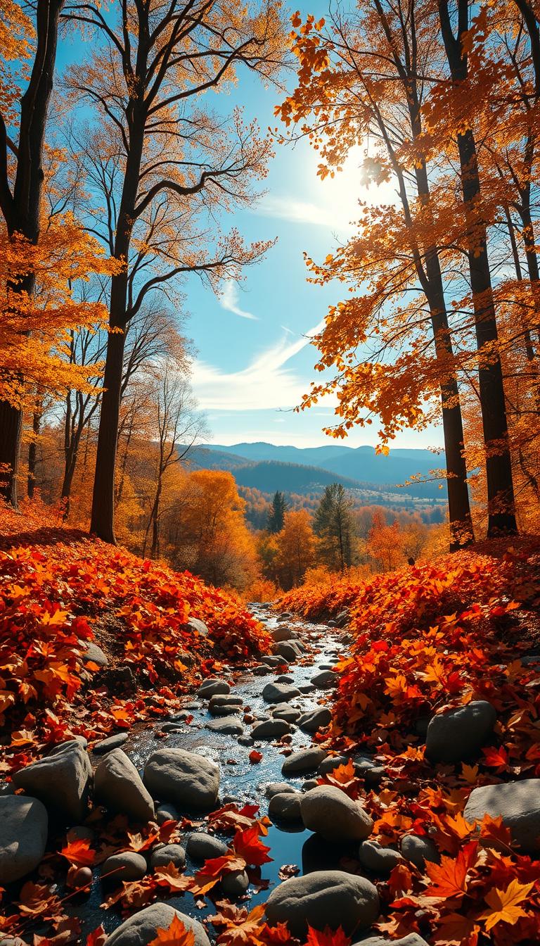 A serene fall landscape wallpaper featuring a picturesque scene of a tranquil forest during autumn. In the foreground, vibrant red, orange, and yellow leaves blanket the ground, interspersed with smooth stones and scattered acorns. The middle ground showcases a gently flowing stream, reflecting the vivid colors of the foliage overhead. Towering trees, their branches laden with golden leaves, frame the scene on either side, creating a natural archway. In the background, soft, rolling hills are visible under a clear blue sky, with wispy clouds capturing the warm glow of the late afternoon sun. The lighting is warm and inviting, evoking a cozy, peaceful atmosphere, perfect for showcasing the beauty of fall. The image is captured with a high-definition resolution, providing rich details and vibrant colors, making it ideal for wallpaper use. A serene fall landscape wallpaper featuring a picturesque scene of a tranquil forest during autumn. In the foreground, vibrant red, orange, and yellow leaves blanket the ground, interspersed with smooth stones and scattered acorns. The middle ground showcases a gently flowing stream, reflecting the vivid colors of the foliage overhead. Towering trees, their branches laden with golden leaves, frame the scene on either side, creating a natural archway. In the background, soft, rolling hills are visible under a clear blue sky, with wispy clouds capturing the warm glow of the late afternoon sun. The lighting is warm and inviting, evoking a cozy, peaceful atmosphere, perfect for showcasing the beauty of fall. The image is captured with a high-definition resolution, providing rich details and vibrant colors, making it ideal for wallpaper use.
