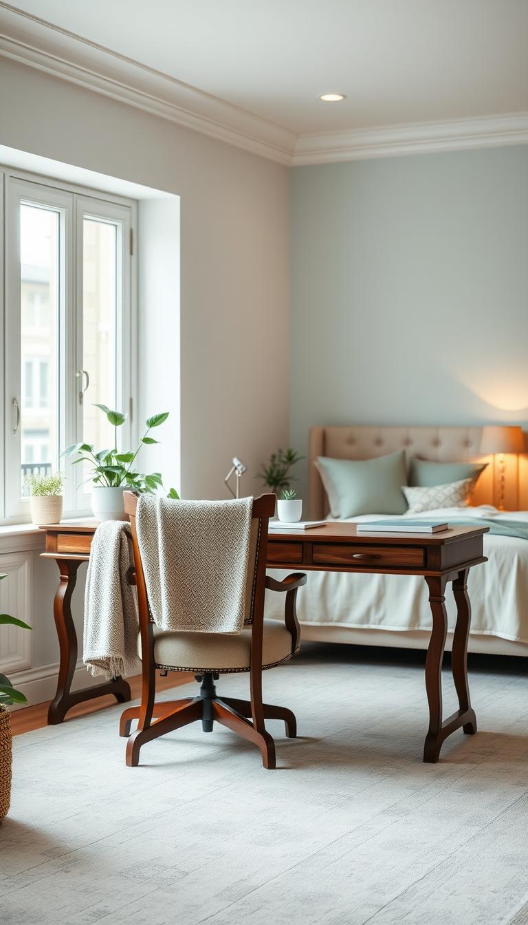 A serene home office bedroom designed for productivity and relaxation. In the foreground, a comfortable, elegantly crafted wooden desk with a plush, neutral-colored chair adorned with a soft, textured throw blanket. The middle ground features a large window allowing soft, natural light to flood the space, highlighting light pastel shades of calming blue and green on the walls. There's a curated selection of indoor plants on the desk and windowsill, adding a touch of vibrancy. The background reveals a cozy bed with minimalist linens and decorative cushions in soothing tones, paired with gentle ambient lighting from stylish lamps. The atmosphere is tranquil, evoking a sense of peace and focus, while the overall composition embodies a harmonious balance of comfort and functionality.