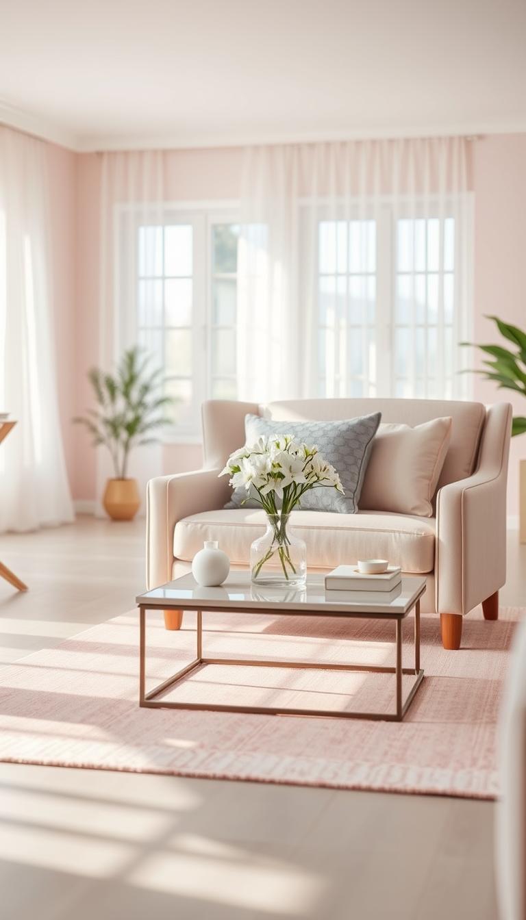 A serene interior space featuring light pink accents creating a soothing atmosphere. In the foreground, a comfortable, elegantly designed lounge chair upholstered in light pink fabric, adorned with contrasting throw pillows in soft gray and white. The middle ground showcases a minimalist coffee table with a vase of fresh white flowers, complemented by a light pink runner underneath. The background reveals a softly lit room with light pink walls, large windows allowing natural light to pour in, and sheer curtains gently fluttering. The overall mood is tranquil and inviting, captured with soft, diffused lighting and a slight depth of field effect to emphasize the elements in focus. This photorealistic image should illustrate the calming contrast of light pink in a stylish, accessible living environment. A serene interior space featuring light pink accents creating a soothing atmosphere. In the foreground, a comfortable, elegantly designed lounge chair upholstered in light pink fabric, adorned with contrasting throw pillows in soft gray and white. The middle ground showcases a minimalist coffee table with a vase of fresh white flowers, complemented by a light pink runner underneath. The background reveals a softly lit room with light pink walls, large windows allowing natural light to pour in, and sheer curtains gently fluttering. The overall mood is tranquil and inviting, captured with soft, diffused lighting and a slight depth of field effect to emphasize the elements in focus. This photorealistic image should illustrate the calming contrast of light pink in a stylish, accessible living environment.