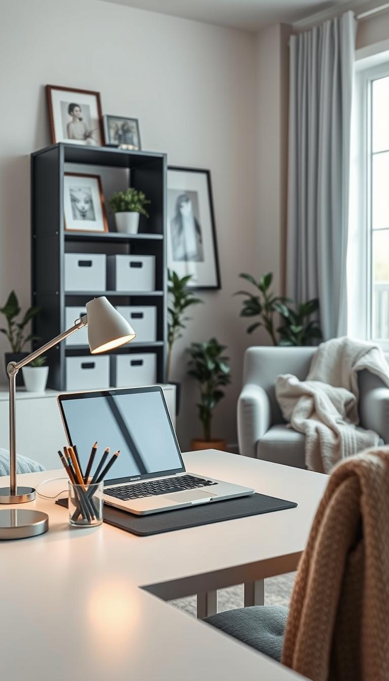 A serene, organized bedroom office featuring declutter systems. In the foreground, a stylish desk with neatly arranged office supplies—pens in a holder, a sleek laptop, and a minimalist desk lamp providing warm lighting. The middle space showcases a modern bookshelf with labeled storage bins, plants for a touch of greenery, and framed artwork. The background reveals a large window with soft, natural light streaming in, enhancing the peaceful atmosphere. A comfortable chair is positioned nearby, draped with a cozy throw. The setting exudes calm and productivity, with a gentle color palette of soft blues and whites. Photorealistic, high definition, taken from a slightly elevated angle to capture the entire setup, evoking a sense of tranquility and order.