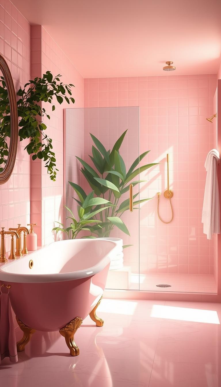 A serene pink shower scene in a stylish bathroom, featuring a classic pink clawfoot tub and a modern pink shower stall. In the foreground, the tub is adorned with elegant gold fixtures and soft pink bath products artfully arranged on a marble countertop. The middle ground showcases a chic glass shower enclosure with rainfall showerhead, surrounded by lush greenery and soft white towels. In the background, delicate pastel pink tiles reflect gentle natural light pouring in from a frosted window, creating a tranquil ambiance. The lighting is warm and inviting, highlighting the smooth textures and soft colors. The overall mood is calming and refreshing, perfect for a serene retreat. The image should be photorealistic with high definition, evoking a sense of relaxation and elegance. A serene pink shower scene in a stylish bathroom, featuring a classic pink clawfoot tub and a modern pink shower stall. In the foreground, the tub is adorned with elegant gold fixtures and soft pink bath products artfully arranged on a marble countertop. The middle ground showcases a chic glass shower enclosure with rainfall showerhead, surrounded by lush greenery and soft white towels. In the background, delicate pastel pink tiles reflect gentle natural light pouring in from a frosted window, creating a tranquil ambiance. The lighting is warm and inviting, highlighting the smooth textures and soft colors. The overall mood is calming and refreshing, perfect for a serene retreat. The image should be photorealistic with high definition, evoking a sense of relaxation and elegance.