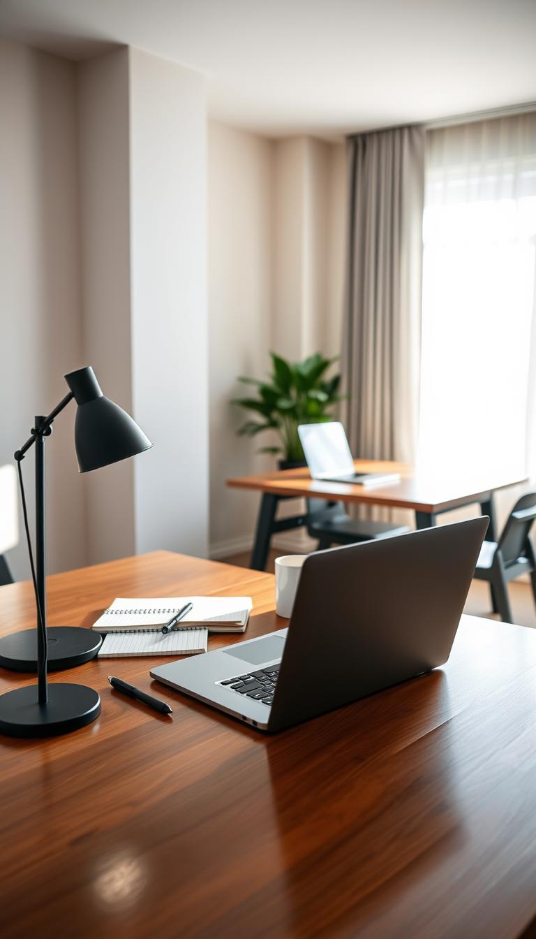 A sleek, modern home office featuring two double desks positioned against a bright, airy window, with natural light streaming in. The foreground showcases a polished wooden desk adorned with an open laptop, a notebook, and a stylish desk lamp, all in organized chaos. The middle ground captures a second desk, complete with a small potted plant and a coffee mug, emphasizing productivity and comfort. Soft, neutral-colored walls in the background create a calming atmosphere. The scene is framed with a slight depth of field, focusing on the desks while gently blurring the background, enhancing the sense of depth. Overall, the image conveys an efficient, orderly workspace ideal for planning, with a serene and motivating vibe.