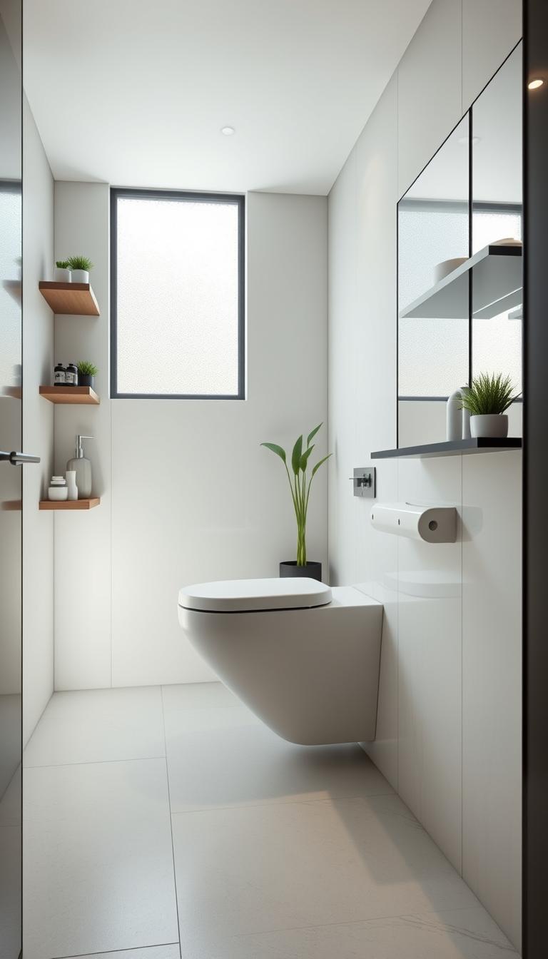 A sleek, modern toilet design is the focal point of a compact bathroom. The toilet is wall-mounted to maximize floor space, featuring a minimalist, elongated shape in a soft white finish. Surrounding the toilet are stylish storage solutions, including floating shelves with neatly arranged toiletries and small plants. The middle ground showcases a chic, light gray tile floor that extends to the back wall, where a large mirror reflects the clean lines of the room. The ambiance is bright and airy, enhanced by natural light streaming in from a frosted window. A soft, ambient glow from recessed lighting highlights the elegant fixtures, creating a serene atmosphere. The image captures a harmonious blend of functionality and contemporary design, perfect for those seeking space-efficient toilet solutions.
