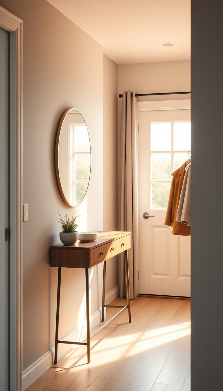 A small entryway featuring a stylish mirror that visually expands the space. In the foreground, a round, sleek mirror is mounted on a light gray wall, reflecting warm, natural light coming from a nearby window. The middle ground showcases a minimalistic console table with a few functional items like a small plant and a key bowl. The background holds a chic coat rack with hanging coats, creating a sense of organization. Choose a cozy, inviting color palette with soft earth tones to evoke a welcoming atmosphere. Use soft, diffused lighting to enhance the warmth of the scene. Capture the image from a slightly elevated angle to emphasize the depth and layout of this small space while ensuring photorealistic detail and high-definition quality.