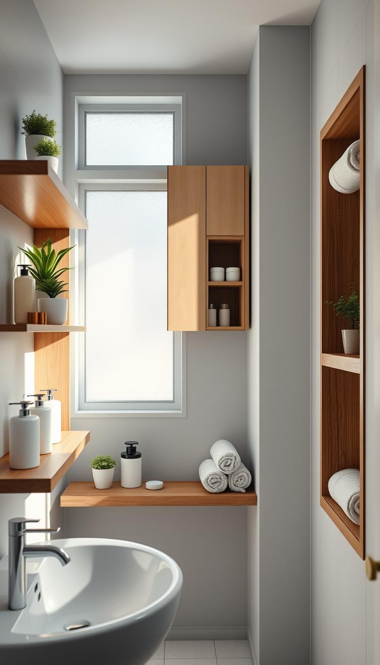 A small, modern bathroom showcasing built-in and recessed storage solutions that maximize space. In the foreground, elegant wooden shelves display neatly organized toiletries and decorative plants, exuding a minimalist charm. The middle of the scene features a sleek, wall-mounted cabinet with hidden compartments, perfect for reducing clutter. On one side, a recessed nook holds soft, rolled towels, adding comfort and style. The background is softly illuminated by natural light from a frosted window, casting gentle shadows and creating a serene atmosphere. A subtle color palette of soft grays and whites enhances the feeling of spaciousness. This photorealistic image should capture the tranquility and organization, inviting viewers to envision their own small bathroom transformation.
