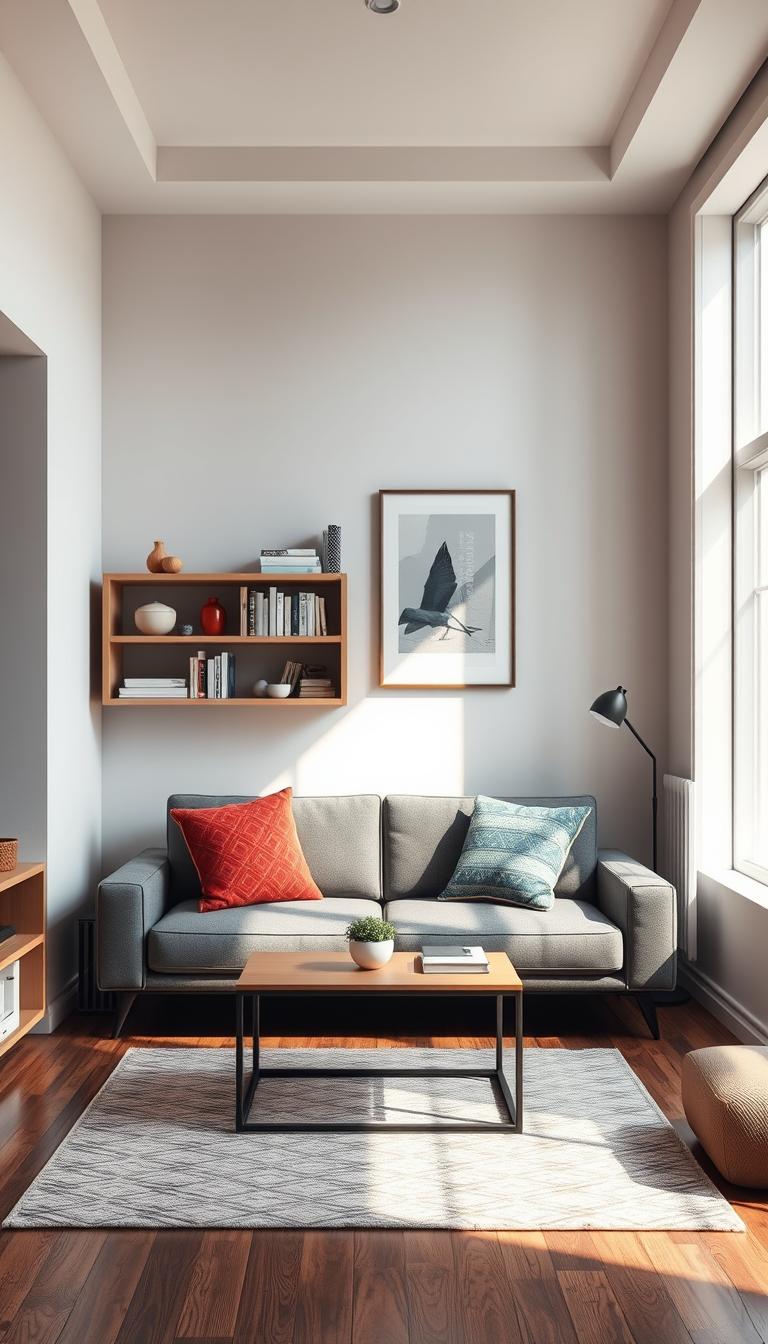 A small, stylish living room designed to maximize space, showcasing a cozy layout. In the foreground, a sleek, compact sofa adorned with colorful throw pillows faces a modern coffee table. To the side, a minimalist bookshelf filled with books and decorative items adds character. In the middle, a rug defines the seating area, enhancing warmth. The walls feature light, calming colors and art pieces that create a focal point. In the background, a well-placed window allows natural light to flood the room, casting soft shadows. The overall atmosphere is inviting and functional, capturing a blend of comfort and elegant design. The image should be photorealistic, with high definition, emphasizing the efficient use of space and stylish furnishings.