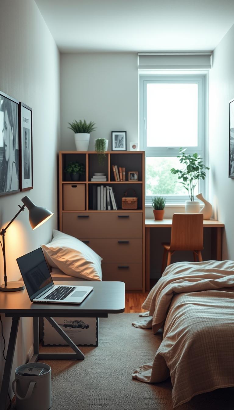 A small, well-organized bedroom that creatively combines office and sleeping areas, showcasing a functional layout. In the foreground, a compact desk with a modern laptop sits next to a tidy bed dressed in neutral linens, complemented by a stylish bedside lamp. In the middle, a small bookshelf with a few decorative items and plants adds warmth. The background features a window with soft, natural light pouring in, accentuating the spacious feel of the room. The walls are painted in calming pastel colors, enhancing productivity. The scene captures a serene atmosphere, ideal for both work and rest, visualized in photorealistic detail with high definition, using soft, diffused lighting.