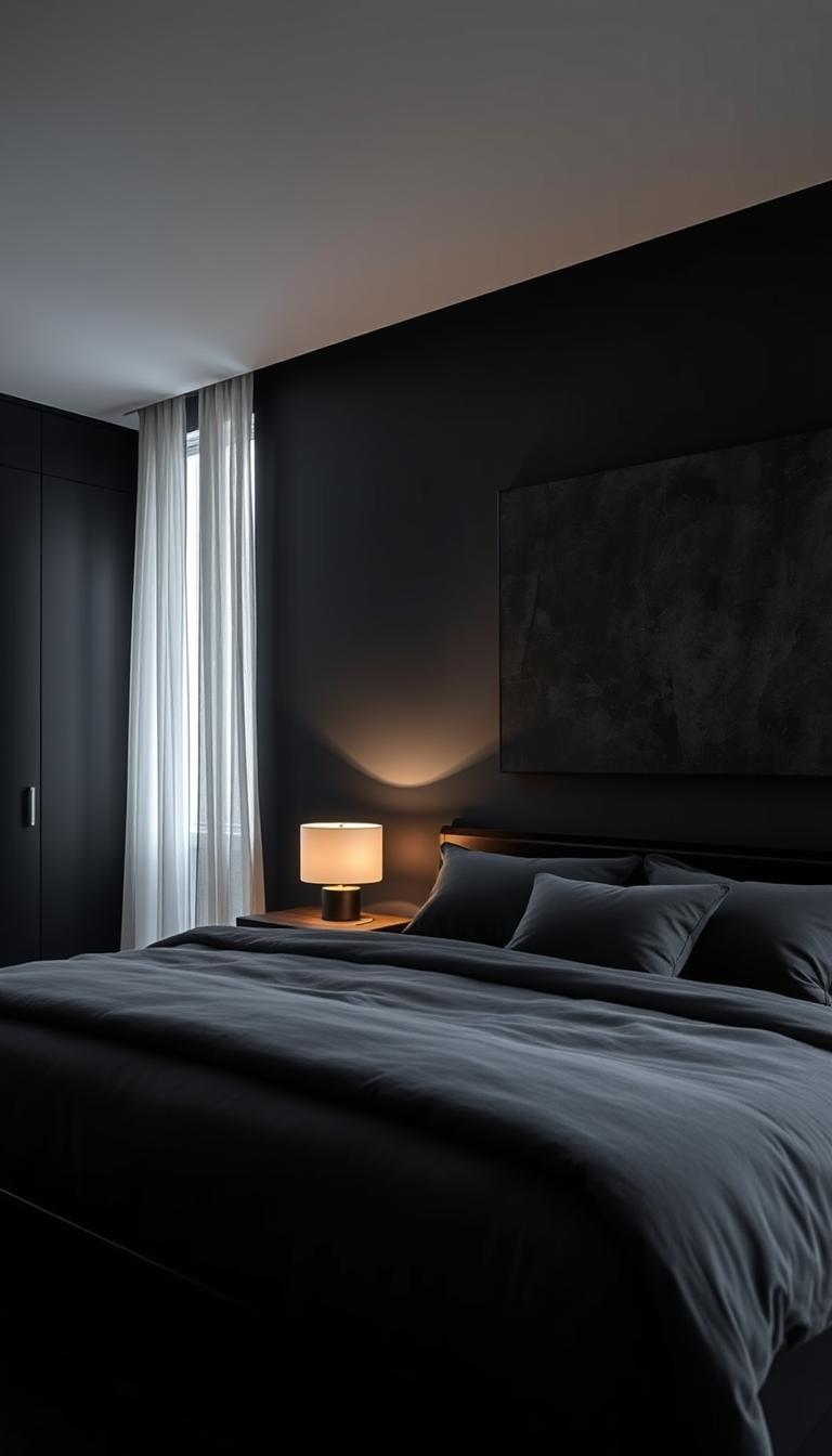 A spacious bedroom featuring matte black walls, enhancing the sophisticated ambiance. In the foreground, a luxurious, dark wood bed with a plush gray comforter and matching soft charcoal pillows invites relaxation. The middle ground showcases a minimalist nightstand adorned with a sleek, contemporary lamp emitting a warm, soothing glow. In the background, a textured abstract painting in deep charcoal tones complements the walls, adding an artistic touch. Natural light filters in through sheer curtains, creating soft shadows that enhance the coziness of the room. The overall mood conveys tranquility and elegance, perfect for a serene sleep space. Shot from a slight angle to capture the depth of the room, the image maintains a photorealistic quality with high definition, emphasizing the rich contrasts between the black surfaces and the softer elements.