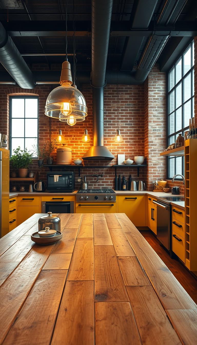 A striking industrial kitchen featuring vintage appliances and modern fixtures, all drenched in a vibrant honey yellow color scheme. In the foreground, a sleek, distressed wooden table holds artisanal kitchen accessories, while the middle is dominated by exposed brick walls and steel beams that subtly reflect warm lighting. A pair of elegant pendant lights casts a soft glow over the workspace, highlighting the textures of the materials. In the background, large windows allow natural light to flood in, creating an open, airy feel. The atmosphere is inviting yet sophisticated, embodying a perfect blend of urban loft style and homely warmth, designed to inspire creativity in cooking and entertaining. The image captures a photorealistic quality, ensuring every detail from the reflections to the materials is rendered in high definition.