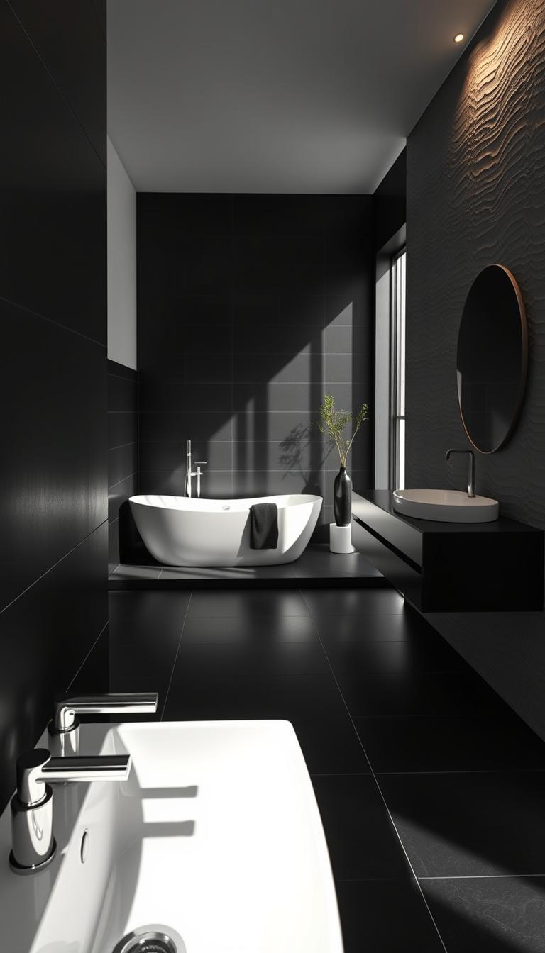 A stunning black and white bathroom, designed with modern elegance in mind. In the foreground, a sleek porcelain sink with minimalist chrome fixtures glistens under soft, warm lighting. The walls feature large, matte black tiles contrasted by pristine white accents, creating a striking visual appeal. In the middle ground, a freestanding white bathtub, elegantly curved, sits adjacent to a wide, floor-to-ceiling window that allows natural light to flood the space. Nearby, a modern vanity with a contrasting black countertop adds sophistication. In the background, subtle shadows play along the textured wall, enhancing the depth of the room. The atmosphere is serene and inviting, embodying a timeless design ethos. This photorealistic image captures the essence of high contrast and modernity, perfect for showcasing timeless black and white bathroom ideas. A stunning black and white bathroom, designed with modern elegance in mind. In the foreground, a sleek porcelain sink with minimalist chrome fixtures glistens under soft, warm lighting. The walls feature large, matte black tiles contrasted by pristine white accents, creating a striking visual appeal. In the middle ground, a freestanding white bathtub, elegantly curved, sits adjacent to a wide, floor-to-ceiling window that allows natural light to flood the space. Nearby, a modern vanity with a contrasting black countertop adds sophistication. In the background, subtle shadows play along the textured wall, enhancing the depth of the room. The atmosphere is serene and inviting, embodying a timeless design ethos. This photorealistic image captures the essence of high contrast and modernity, perfect for showcasing timeless black and white bathroom ideas.