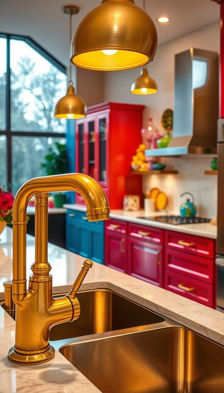A stunning kitchen featuring metallic accents in gold and brass, with a stylish layout that emphasizes both function and elegance. In the foreground, a polished brass faucet and sink attract attention, reflecting soft ambient lighting. The middle ground showcases vibrant cabinetry in rich colors, complementing gleaming gold hardware and light fixtures. Counters are adorned with colorful utensils and stylish decor, enhancing the playful yet sophisticated vibe. In the background, large windows allow natural light to flood the space, illuminating the glossy surfaces and creating warm reflections. Capture the scene from a slightly elevated angle, offering a comprehensive view of the brightly colored kitchen enhanced by luxurious metallic finishes, evoking a mood of modern elegance and inviting comfort. The overall atmosphere is bright, cheerful, and sophisticated, perfect for a colorful kitchen design. A stunning kitchen featuring metallic accents in gold and brass, with a stylish layout that emphasizes both function and elegance. In the foreground, a polished brass faucet and sink attract attention, reflecting soft ambient lighting. The middle ground showcases vibrant cabinetry in rich colors, complementing gleaming gold hardware and light fixtures. Counters are adorned with colorful utensils and stylish decor, enhancing the playful yet sophisticated vibe. In the background, large windows allow natural light to flood the space, illuminating the glossy surfaces and creating warm reflections. Capture the scene from a slightly elevated angle, offering a comprehensive view of the brightly colored kitchen enhanced by luxurious metallic finishes, evoking a mood of modern elegance and inviting comfort. The overall atmosphere is bright, cheerful, and sophisticated, perfect for a colorful kitchen design.
