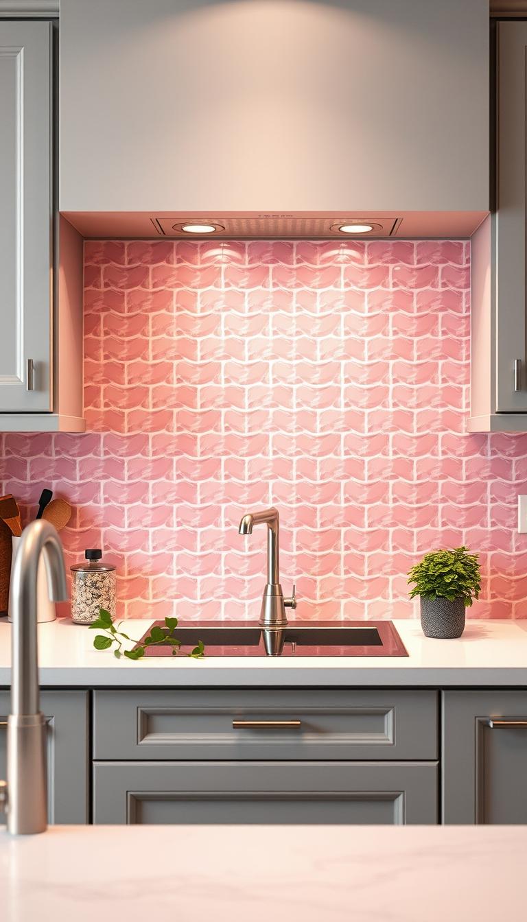 A stunning kitchen interior showcasing a pink tile backsplash as the focal point. The foreground features a sleek white countertop, adorned with modern kitchen utensils and potted herbs, enhancing the tranquil atmosphere. In the middle, the exquisite pink tile backsplash glistens under soft, diffused lighting, reflecting hues of blush and pastel rose. The tiles are arranged in a herringbone pattern, adding depth and texture to the design. The background reveals elegant cabinetry painted in complementary shades of soft gray, allowing the pink backsplash to stand out beautifully. The scene is captured with a wide-angle lens, emphasizing the spaciousness and warmth of the kitchen, evoking a calming and inviting vibe.