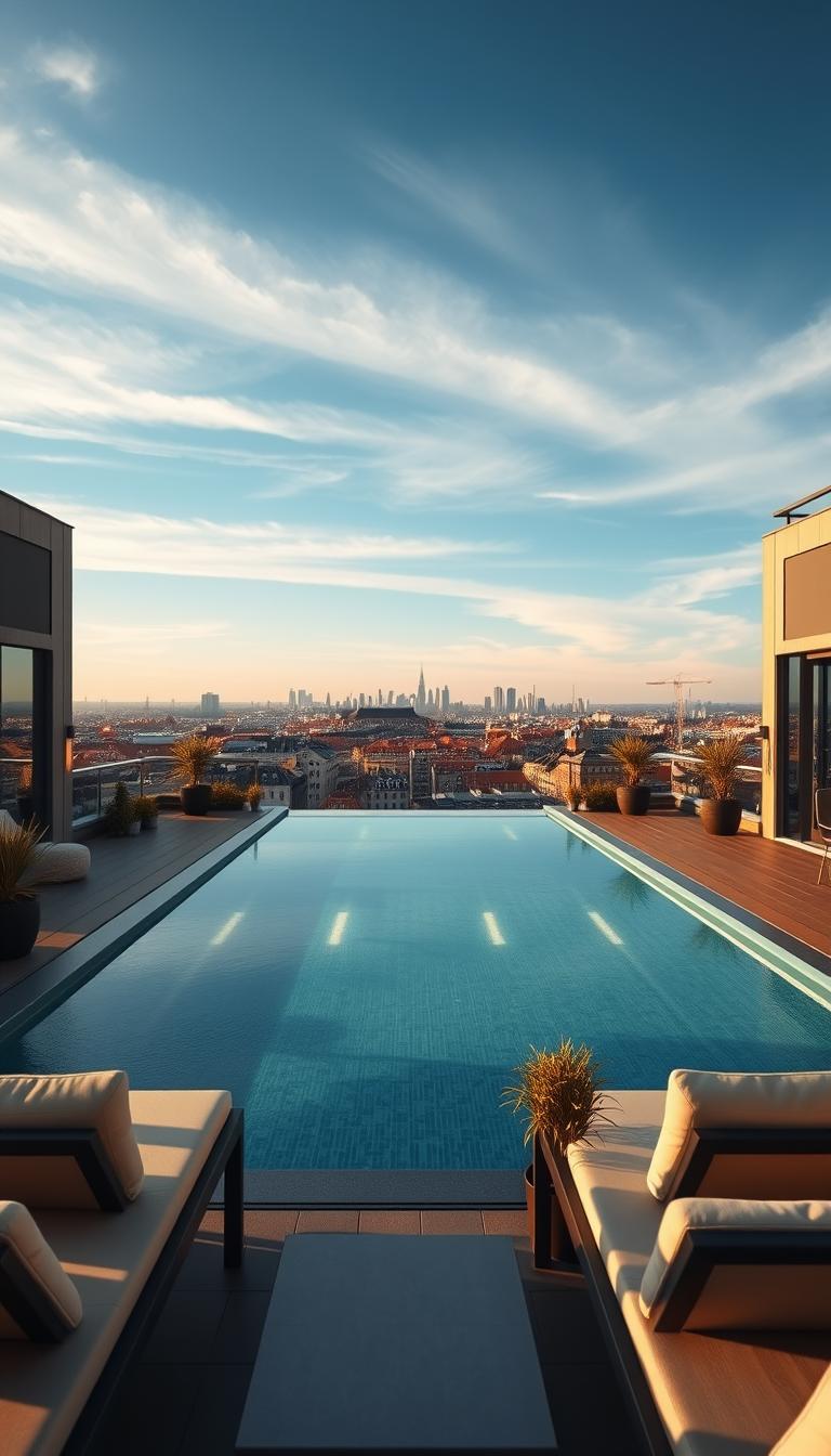 A stunning rooftop pool scene atop a modern hotel in Copenhagen, showcasing a serene, infinity edge pool that overlooks the city skyline. In the foreground, luxurious lounge chairs with elegant, understated cushions are arranged invitingly around the pool. Moving to the middle ground, vibrant potted plants and ambient lighting create a warm, inviting atmosphere. The background features the iconic Copenhagen skyline, with a clear blue sky and soft, drifting clouds. The setting is bathed in golden hour sunlight, enhancing the photorealistic quality and creating a tranquil mood. The image captures a sense of relaxation and sophistication, ideal for showcasing a premium hotel experience. The composition is framed to highlight the depth and beauty of both the pool and the city backdrop, with a slight wide-angle view for an expansive feel.