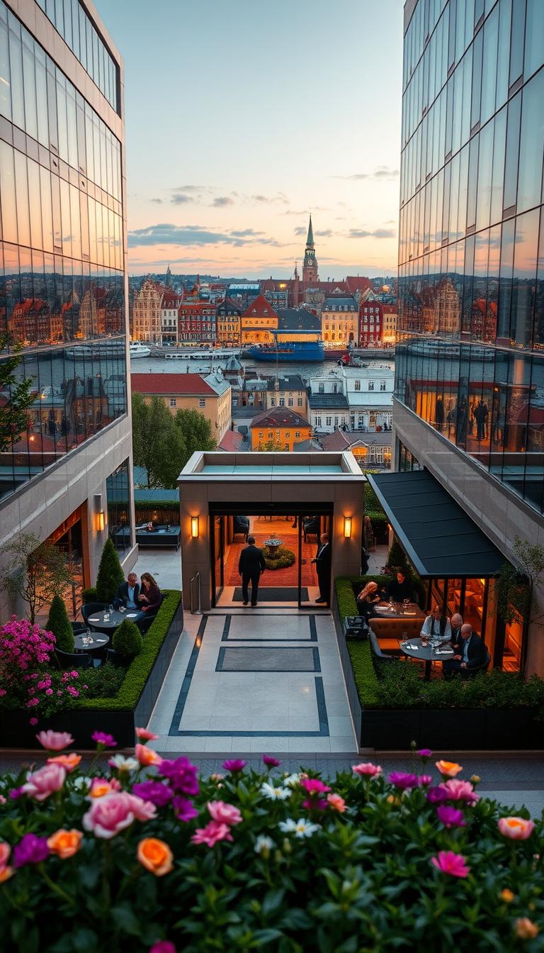 A stunning view of a luxury hotel in Copenhagen's vibrant cityscape, showcasing its modern architecture with elegant glass facades and lush green surroundings. In the foreground, a beautifully landscaped garden with blooming flowers and neatly trimmed hedges, setting a serene and inviting atmosphere. In the middle, the hotel's grand entrance features polished marble and stylish outdoor seating, where well-dressed guests are enjoying evening drinks, embodying sophistication. The background reveals the iconic Copenhagen skyline under a warm, golden hour light, with the Nyhavn waterfront and colorful historic buildings softly illuminated. The mood is tranquil and upscale, capturing the essence of luxury travel. Shot at eye level with a wide-angle lens for a panoramic perspective, in high definition for photorealistic detail.