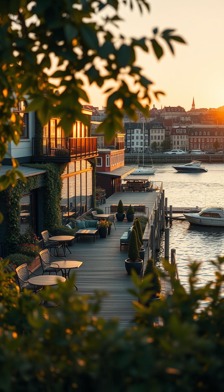 A stunning waterfront view in Copenhagen, showcasing a cozy, unconventional hotel nestled along the serene harbor. In the foreground, lush greenery frames a charming wooden deck with stylish outdoor seating, inviting guests to relax. The middle ground reveals the unique architecture of the hotel with colorful facades and large windows, reflecting the warm golden light of a sunset. In the background, iconic Danish buildings dot the skyline, while small boats gently bob on the calm water. The scene is bathed in soft, warm hues, enhancing the tranquil atmosphere. The image captures a peaceful, leisurely moment, perfectly illustrating the unique charm of Copenhagen's waterfront accommodations, with a focus on hospitality and view. Photorealistic, high definition, captured from a slightly elevated angle for depth.