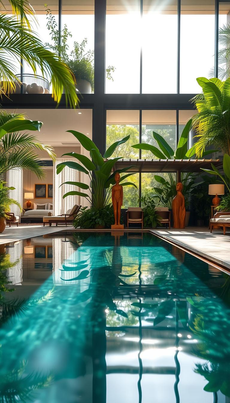 A stunningly designed hotel lobby at Manon Les Suites in Copenhagen, featuring lush greenery and elements inspired by Balinese aesthetics. The foreground showcases a serene and photogenic infinity pool reflecting sunlight. In the middle ground, elegant suites with modern furnishings and tropical accents can be seen, complemented by vibrant foliage and decorative wooden sculptures. The background includes large glass windows revealing a bright, sunny day, creating a warm and inviting atmosphere. The lighting is soft and natural, enhancing the tranquil vibe. Capture the scene with a wide angle, showcasing the intricate details of the architecture and landscaping. Aim for a photorealistic depiction that immerses viewers in the luxury and serene ambiance of the hotel.
