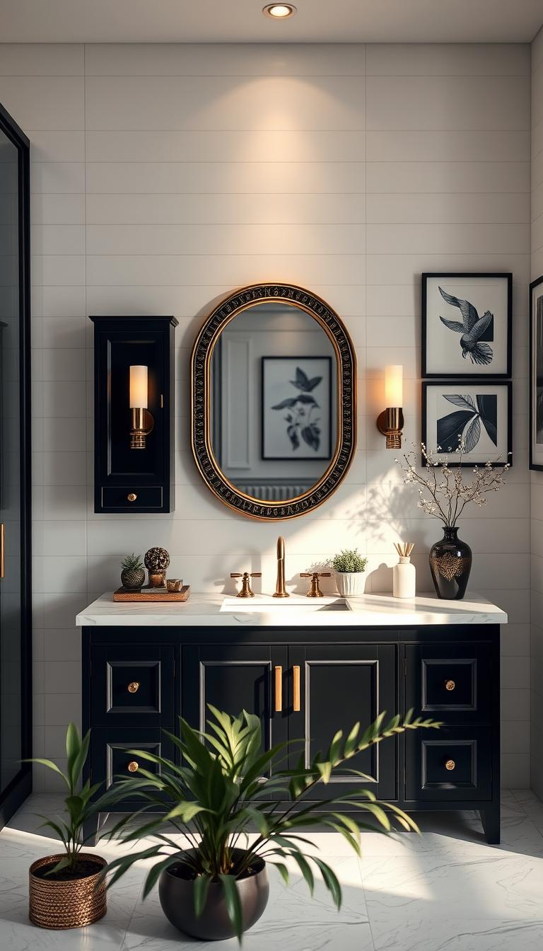 A stylish black bathroom vanity takes center stage, showcasing sleek lines and a modern design. The vanity features a glossy black finish with gold accents and a white marble countertop, elegantly contrasting against a minimalist tiled backdrop. In the foreground, an ornate mirror reflects soft, warm lighting from sconces, enhancing the luxurious ambiance. The middle ground is adorned with carefully placed green plants and decorative accessories, adding a touch of natural elegance. The background reveals tastefully selected black and white artwork on the walls, creating a harmonious atmosphere. The scene is captured from a slightly elevated angle, bathed in gentle, diffused lighting to create a serene and sophisticated mood. This photorealistic image is designed to inspire those looking to enhance their bathroom's modern aesthetic. A stylish black bathroom vanity takes center stage, showcasing sleek lines and a modern design. The vanity features a glossy black finish with gold accents and a white marble countertop, elegantly contrasting against a minimalist tiled backdrop. In the foreground, an ornate mirror reflects soft, warm lighting from sconces, enhancing the luxurious ambiance. The middle ground is adorned with carefully placed green plants and decorative accessories, adding a touch of natural elegance. The background reveals tastefully selected black and white artwork on the walls, creating a harmonious atmosphere. The scene is captured from a slightly elevated angle, bathed in gentle, diffused lighting to create a serene and sophisticated mood. This photorealistic image is designed to inspire those looking to enhance their bathroom's modern aesthetic.