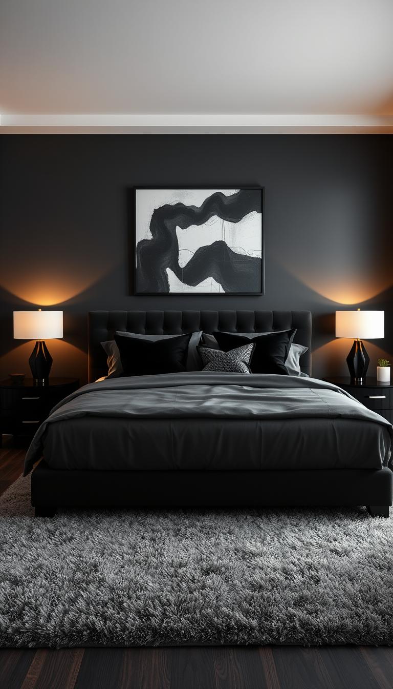 A stylish black bedroom featuring a contemporary design with black and gray decor. In the foreground, a luxurious black upholstered bed with crisp gray bedding and decorative black pillows. On either side, sleek black bedside tables displaying minimalistic lamps with warm ambient lighting. The middle ground showcases a plush gray area rug beneath the bed, enhancing comfort and warmth. In the background, a striking wall painted in deep charcoal gray, adorned with abstract black-and-white artwork. Soft, diffused lighting illuminates the space, creating an inviting and calming atmosphere. The overall mood is elegant and modern, perfect for a serene sleep environment, capturing the essence of black and gray color schemes. High-definition photorealistic style, shot from a slightly elevated angle to emphasize the room's layout.