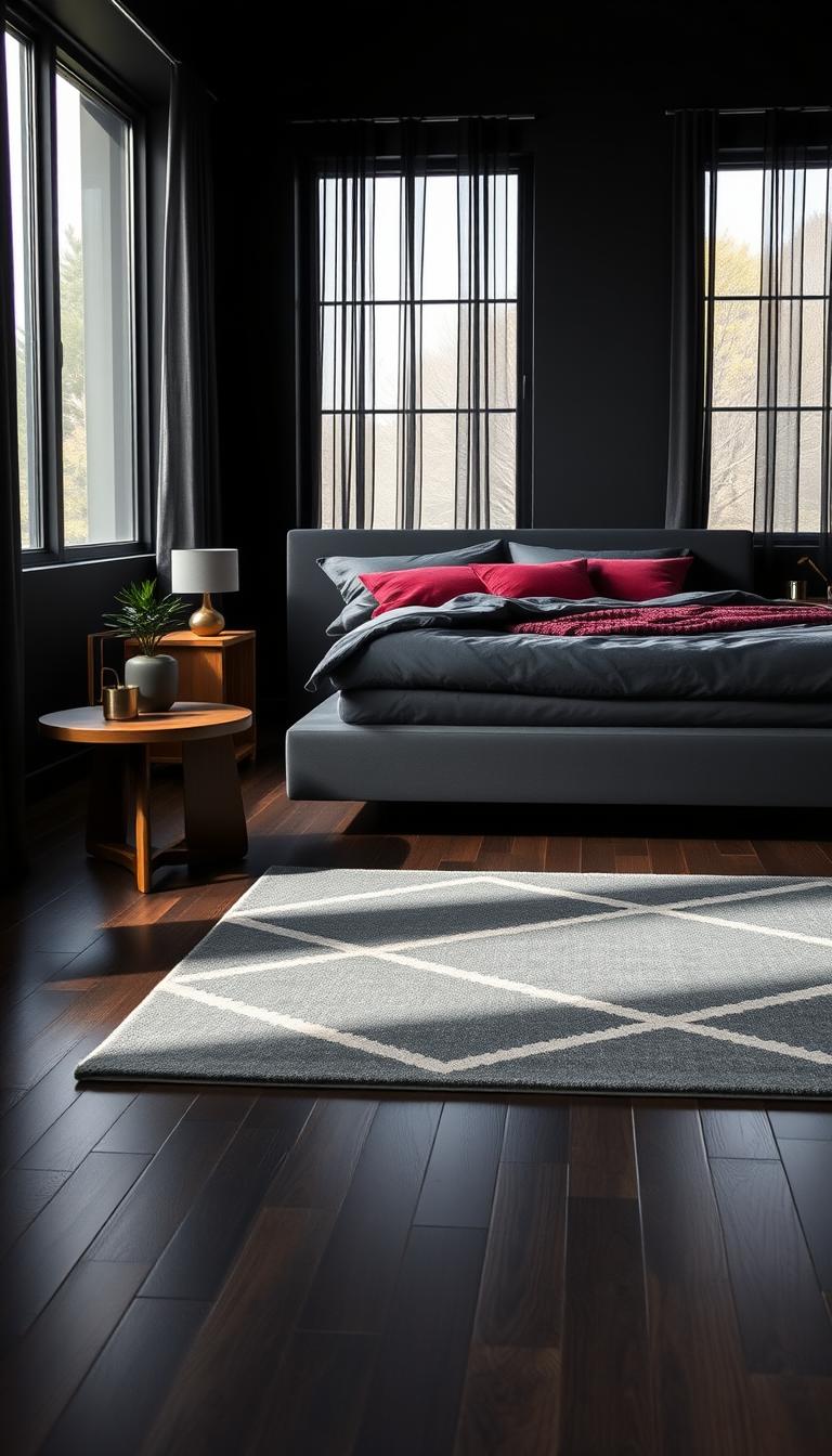 A stylish mid-century modern black bedroom featuring a sleek, low-profile black platform bed with plush bedding in deep charcoal and rich burgundy accents. The foreground showcases an elegant side table crafted from warm walnut, adorned with a minimalist lamp and a small potted plant. In the middle, a striking geometric area rug lays atop dark hardwood flooring, adding texture and warmth to the space. The walls are painted a soft matte black, enhancing the moody atmosphere. In the background, large windows let in natural light, filtered through sheer drapes, casting soft shadows. The scene captures a cozy, inviting ambiance with clean lines and a sophisticated mix of warm wood tones and deep colors, evoking a tranquil mood perfect for restful sleep. Photorealistic, high definition, shot from a slightly angled perspective to emphasize depth and dimension.