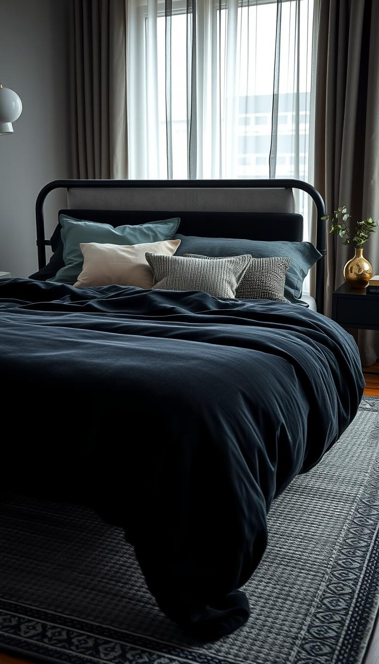A stylish, modern bedroom scene emphasizing various textures for an elevated black bed decor. In the foreground, a plush black velvet bedspread is impeccably draped over a sleek, metal-framed bed. The middle layer features decorative pillows in contrasting materials like smooth silk and textured woven fabrics, creating a visually rich contrast. A textured area rug with intricate patterns softly grounds the space. In the background, soft lighting filters through sheer curtains, casting gentle shadows and enhancing the cozy atmosphere. The mood is tranquil and inviting, with a focus on depth through tactile layering. Utilize a wide-angle lens to capture the full depth of the space, ensuring high-definition photorealism. The overall color palette revolves around deep blacks, rich greys, and subtle metallic accents.
