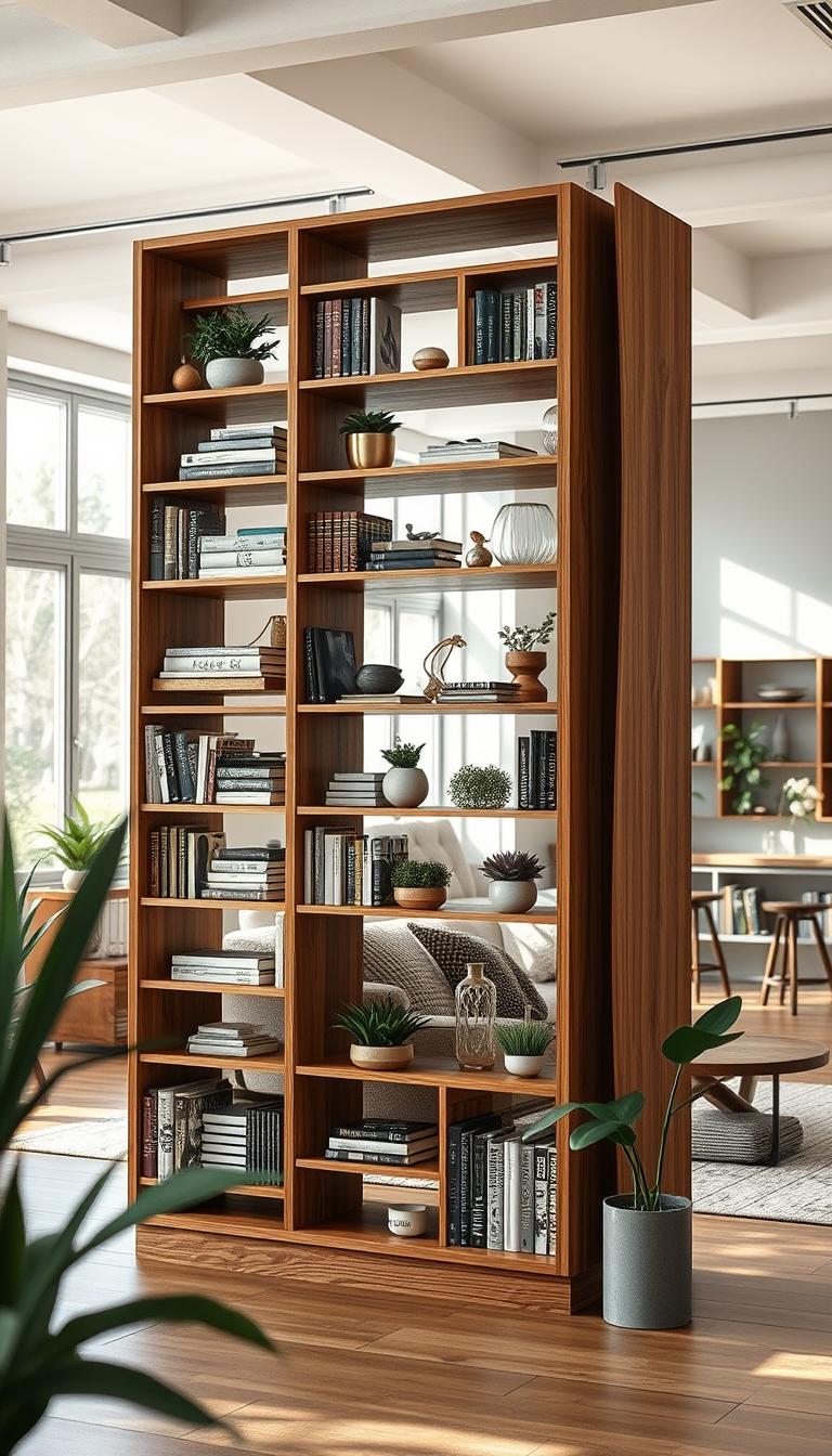 A stylish, modern bookcase divider in a contemporary open layout studio. The foreground features a tall, sleek bookcase made from warm oak wood, with clean lines and geometric shelves filled with an array of colorful books, decorative plants, and minimalist decor items. In the middle, a cozy seating area with a plush sofa and soft accent pillows complements the bookcase. The background shows a softly lit space with large windows allowing natural light to stream in, casting gentle shadows. The mood is inviting and serene, ideal for a creative workspace or living area. Use a shallow depth of field to focus on the bookcase details, highlighting its dual function as a storage solution and stylish divider, captured in photorealistic high definition.