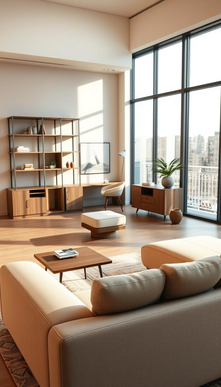 A stylish, modern living room showcasing multipurpose furniture designed for small spaces. In the foreground, a sleek sofa that transforms into a bed, complemented by a compact coffee table that can be folded away. In the middle ground, an elegant shelving unit serving as both storage and a workspace, with a cozy armchair. The background features large windows letting in natural light, casting soft shadows across the room. The atmosphere is inviting and functional, showcasing a harmonious blend of minimalism and comfort. The image is photorealistic with high definition, captured from a slight angle to emphasize the versatility of the furniture. Warm, neutral colors dominate the palette, enhancing the feeling of space and style.