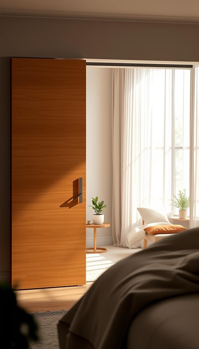 A stylish, modern sliding door in a serene bedroom setting, showcasing a minimalist design with a smooth wooden finish. In the foreground, the sliding door is partially open, revealing a tranquil space with soft, neutral colors. The middle ground features cozy furnishings such as a neatly made bed with plush pillows and a small bedside table adorned with a potted plant. The background contains soft, diffused natural light filtering through sheer curtains, casting gentle shadows. The scene is captured from a slightly elevated angle, emphasizing the door's sleek lines and creating depth. The overall mood is calm and inviting, perfect for illustrating innovative bedroom dividers.