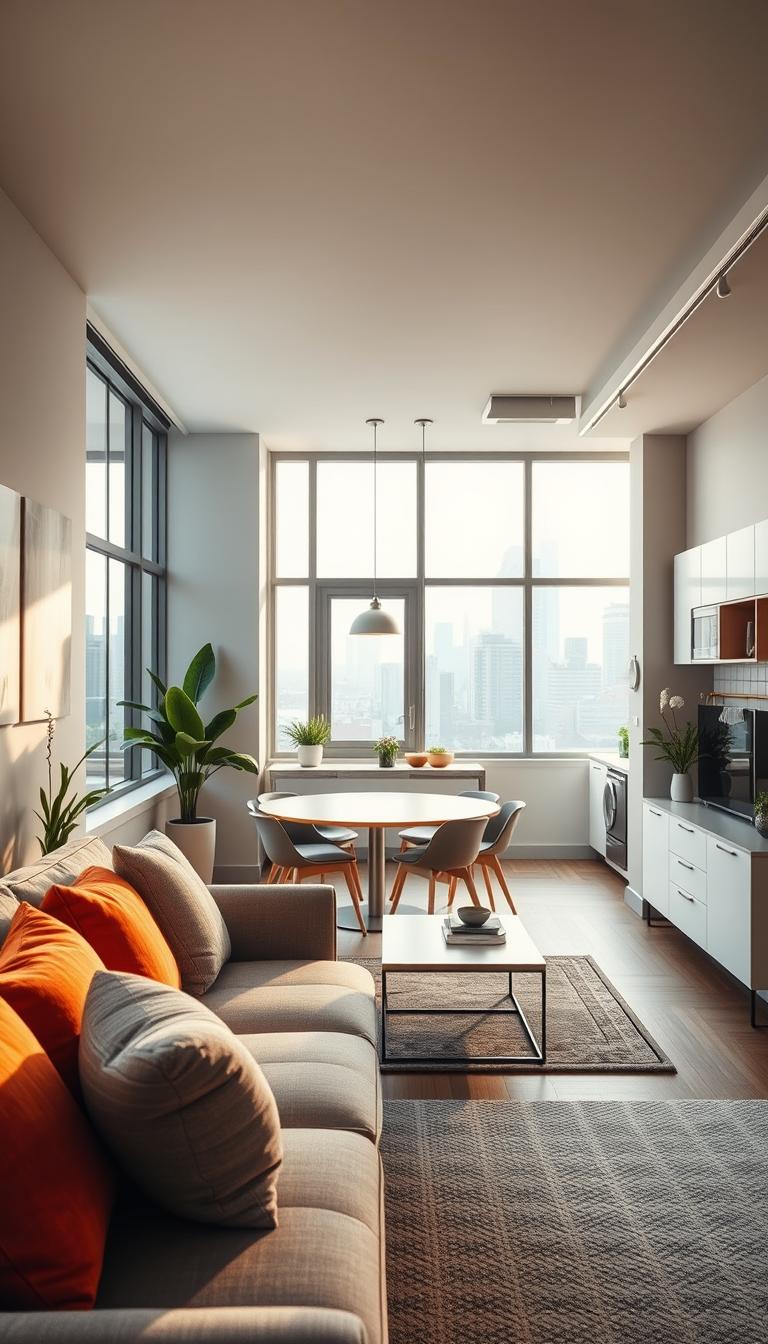 A stylish, modern studio apartment showcasing innovative layout strategies to maximize square footage. In the foreground, a cozy seating area with a contemporary sofa and vibrant throw pillows, accented by a minimalist coffee table. The middle ground features a functional dining space with a sleek table and chairs, seamlessly integrated with an open kitchen featuring smart storage solutions and appliances. In the background, large windows fill the room with natural light, revealing a cityscape view. Soft, warm lighting creates a welcoming atmosphere, while indoor plants add a touch of greenery. Photorealistic detail highlights textures, such as wood grains and fabric weaves, captured with a wide-angle lens to convey depth. The overall mood is inviting, reflecting a perfect blend of comfort and practicality.