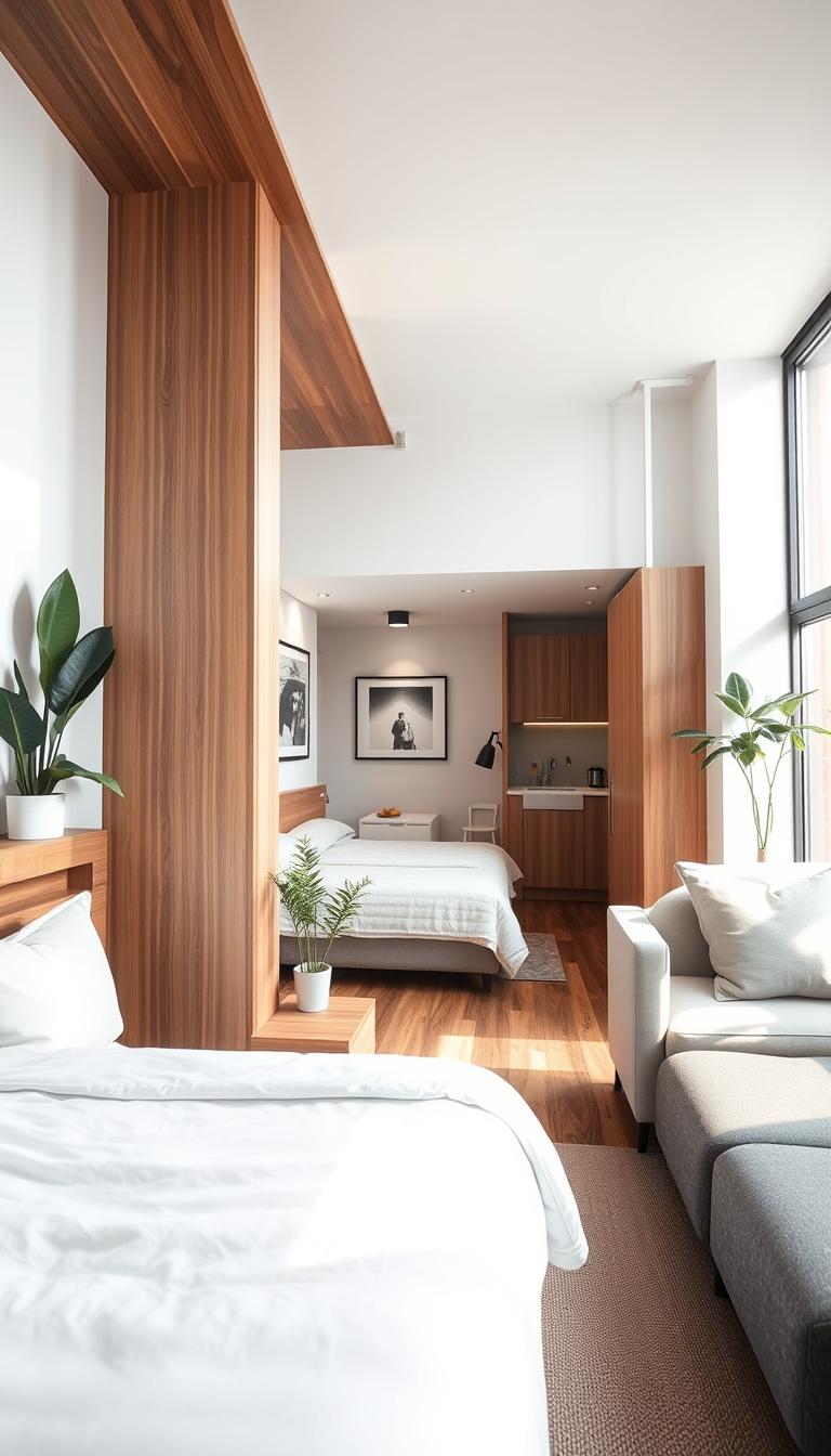 A stylish, modern studio apartment showcasing small living solutions. In the foreground, there's a sleek wooden room divider with decorative plants, separating the sleeping area from a cozy living space. The middle features a neatly made bed with soft linens and a minimalistic bedside table, alongside a small, inviting seating area with a contemporary sofa and a side table. The background reveals a well-organized kitchenette with subtle touches of greenery. Soft, natural light filters through large windows, casting gentle shadows and enhancing the serene atmosphere. The scene is captured with a wide-angle lens to emphasize the open space. Overall, the mood is calm, stylish, and functional, reflecting smart design choices in a compact living environment.