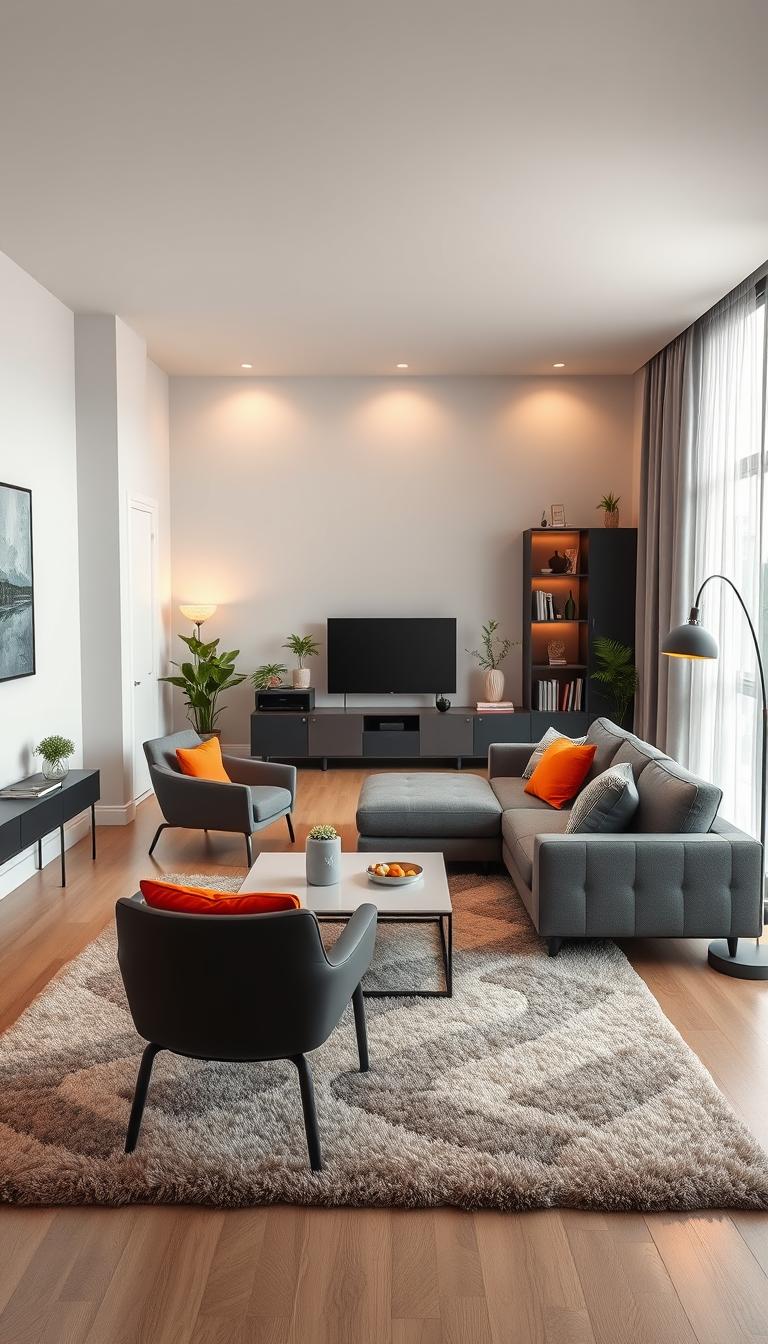 A stylish, photorealistic living room in a smart studio apartment, featuring a cozy lounge area with a modern sectional sofa and colorful throw pillows. In the foreground, a sleek coffee table sits atop a plush area rug, flanked by a stylish armchair. To the left, a small accent wall with interesting artwork adds personality. The middle space includes an elegant entertainment center with a smart TV and decorative shelves showcasing books and plants. The background showcases large windows allowing natural light to fill the room, with sheer curtains gently fluttering. Soft, warm lighting creates an inviting atmosphere, while a modern floor lamp adds a touch of sophistication. The image captures a comfortable and trendy ambiance, perfect for relaxing or entertaining guests. A stylish, photorealistic living room in a smart studio apartment, featuring a cozy lounge area with a modern sectional sofa and colorful throw pillows. In the foreground, a sleek coffee table sits atop a plush area rug, flanked by a stylish armchair. To the left, a small accent wall with interesting artwork adds personality. The middle space includes an elegant entertainment center with a smart TV and decorative shelves showcasing books and plants. The background showcases large windows allowing natural light to fill the room, with sheer curtains gently fluttering. Soft, warm lighting creates an inviting atmosphere, while a modern floor lamp adds a touch of sophistication. The image captures a comfortable and trendy ambiance, perfect for relaxing or entertaining guests.