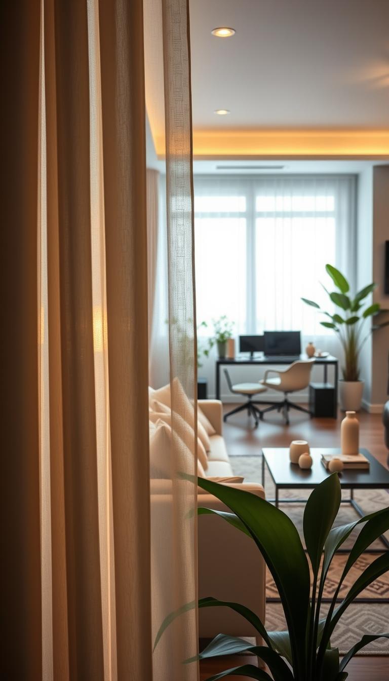 A stylish room featuring a curtain room divider, elegantly separating the space into a cozy living area and a focused workspace. In the foreground, the semi-transparent fabric of the divider gently sways, showcasing intricate textures and subtle patterns that catch the soft ambient light. The middle ground displays a comfortable sofa with plush cushions and a chic coffee table adorned with decorative items. To the background, a well-lit area highlights a desk with modern design elements, framed by indoor plants adding a touch of greenery. The image exudes a warm and inviting atmosphere, with natural light filtering through a nearby window, creating soft shadows. Capture this scene with a wide-angle lens to enhance depth and focus on the textures, delivering a photorealistic portrayal in high definition.