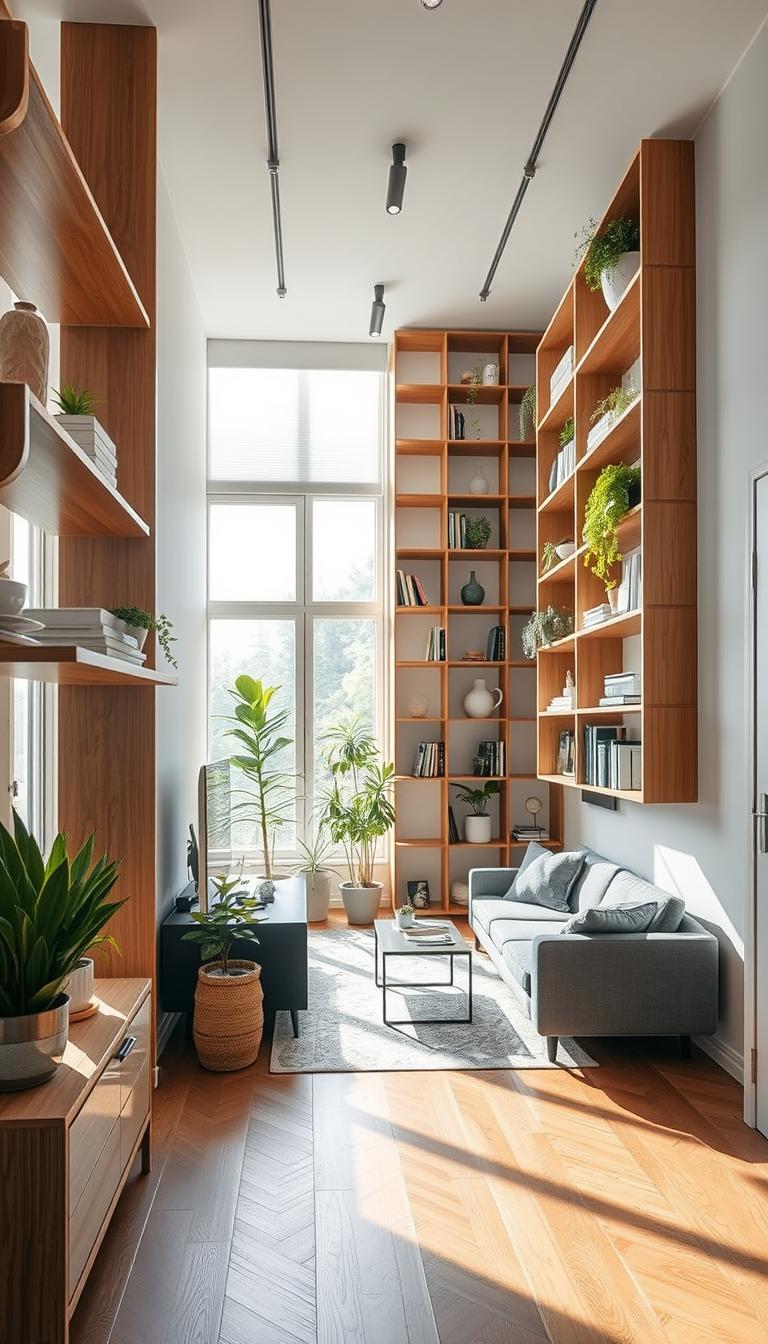 A stylish studio apartment featuring innovative vertical storage solutions. In the foreground, sleek wooden shelves stretch from the floor to the ceiling, adorned with plants, books, and decorative objects. The middle ground showcases a cozy seating area with a contemporary couch and a small multifunctional coffee table. The background reveals bright, airy windows allowing natural light to flood the space, highlighting the vertical storage. Use soft, inviting lighting to create a welcoming atmosphere. Capture the scene from a slightly elevated angle, with a wide lens that emphasizes the height and depth of the storage solutions. The overall mood is modern and functional, showcasing how to maximize small living areas elegantly.