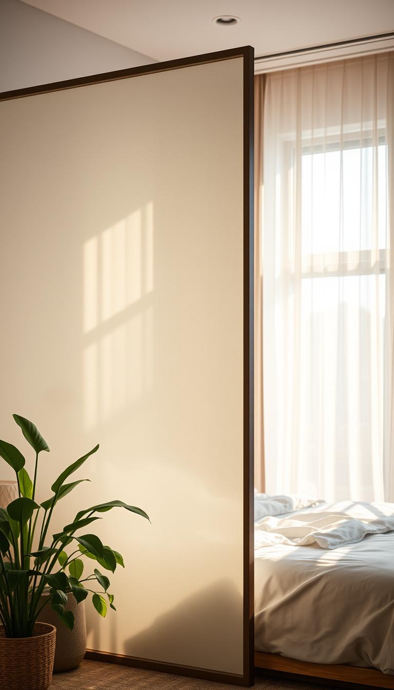 A sunlit bedroom interior featuring a stylish room divider that allows natural light to flow freely, enhancing the airy atmosphere. In the foreground, a sleek, modern divider made of translucent materials, elegantly separating the sleeping space from a cozy reading nook. The middle ground showcases lush greenery from indoor plants strategically placed near the divider, their leaves catching the sunlight. The background reveals large windows with soft, sheer curtains fluttering gently, inviting sunlight to fill the room. The warm glow of the natural light casts gentle shadows, creating a serene and inviting mood. The camera angle is slightly elevated, capturing the entire scene in high definition, emphasizing the connection between the divider and the welcoming light, showcasing a harmonious balance of functionality and elegance. The composition is tranquil, evoking a sense of peace and serenity.