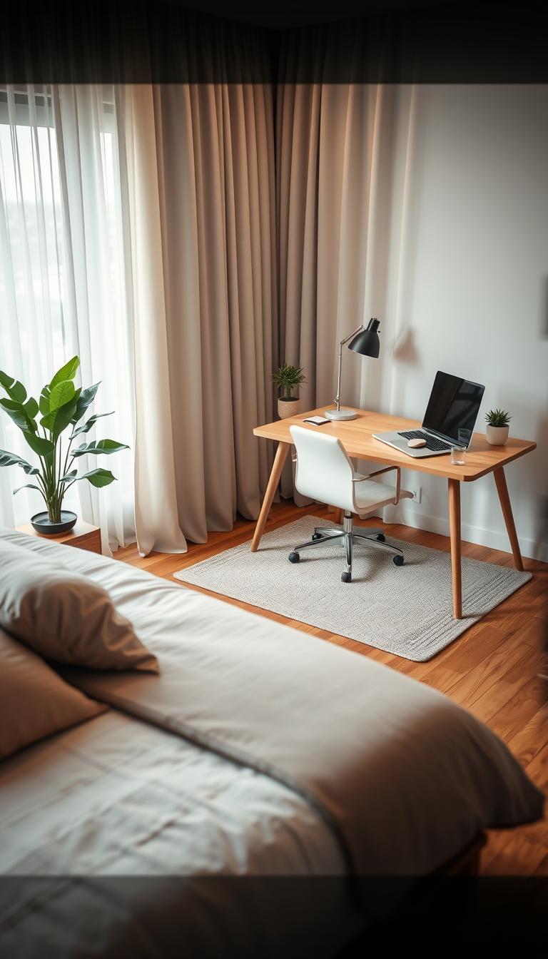 A thoughtfully designed office-bedroom space, showcasing a clear separation between a cozy sleep zone and a functional work area. In the foreground, a neatly made bed with soft, neutral-colored bedding is on one side, adorned with decorative pillows. Adjacent to it, a modern wooden desk is positioned with a sleek laptop, stylish stationery, and a small potted plant, enhancing productivity. The middle area features a subtle area rug, defining the workspace, while a large window in the background floods the room with natural light, illuminating the elegant curtains and warm wooden floor. The atmosphere is serene and inspiring, evoking a sense of calm and focus, ideal for a productive retreat. The composition emphasizes organization and tranquility, with a soft depth of field to highlight the separation, captured in high definition to accentuate textures and details.