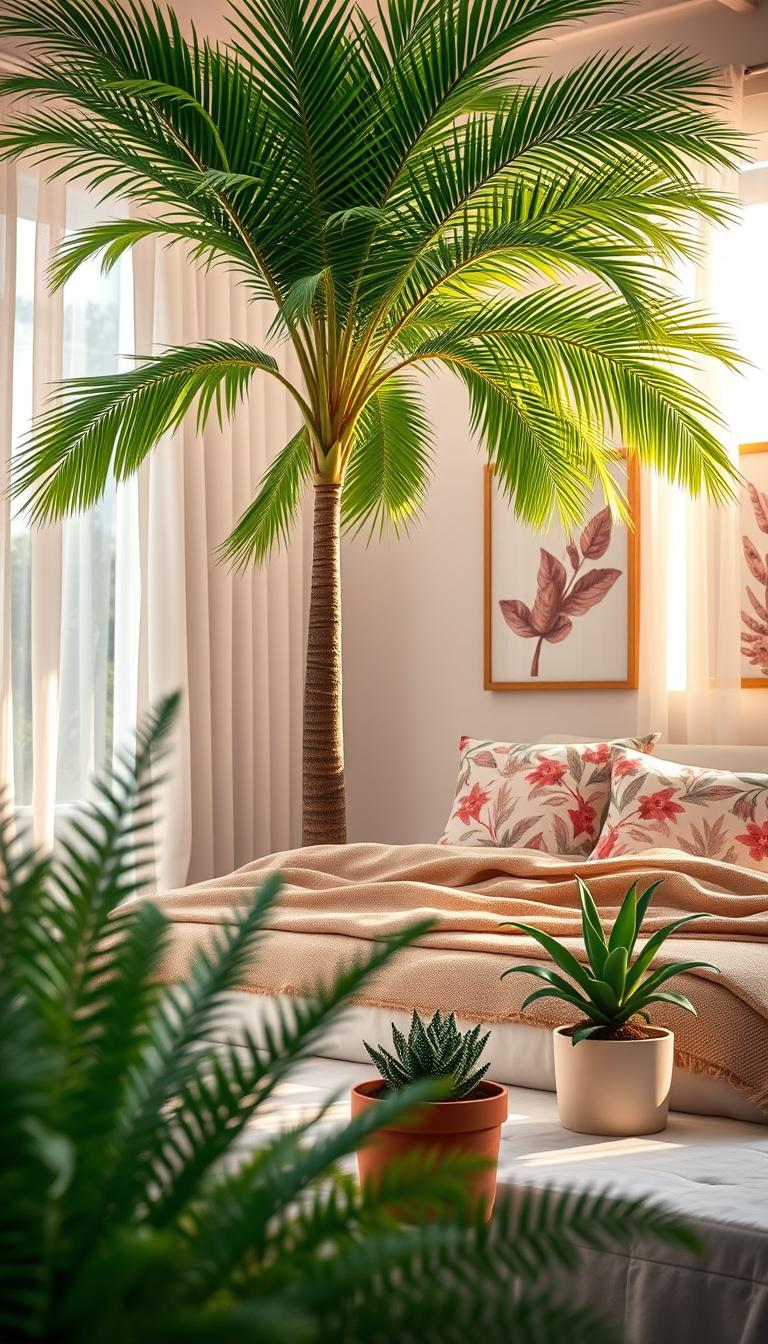 A vibrant and lush palm tree stands tall in a serene beach-style bedroom, showcasing tropical prints in soft pink shades on pillows and curtains. In the foreground, delicate ferns and potted succulents bring a touch of nature indoors, while the midsection highlights a cozy bed adorned with a sandy beige throw and playful watercolor art on the walls. The background reveals a large window with sheer white curtains, allowing warm sunlight to flood the room, casting gentle shadows and creating a tranquil atmosphere. The overall mood is calming and inviting, perfect for a retreat. Shot from a slightly elevated angle, this photorealistic image captures the essence of tropical relaxation in high definition.
