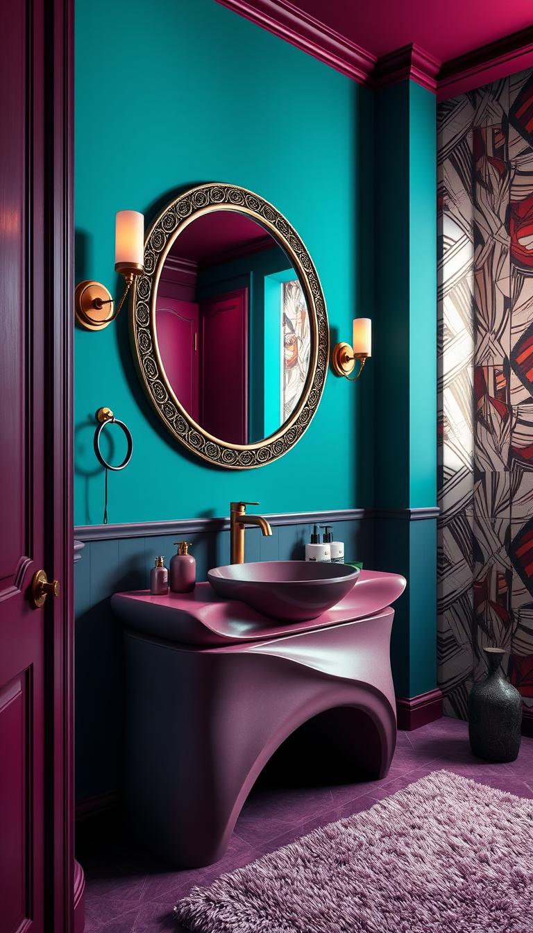 A vibrant and stylish powder room with deep, saturated colors dominating the walls, such as teal and rich plum. In the foreground, a sculptural, modern vanity with sleek lines and an artistic, abstract sink catches the eye, accompanied by elegant accessories. The middle ground features a large round mirror with an ornate, metallic frame that reflects the rich hues and adds depth. Soft, diffused lighting from stylish sconces casts a warm glow, enhancing the inviting atmosphere. The background includes an artistic feature wall with bold geometric patterns, seamlessly blending with the color palette. A plush area rug and a small, abstract sculpture complete the scene, creating a mood of sophistication and creativity in this intimate space. Photorealistic render, high definition, with a slight angle that emphasizes the room's design elements.