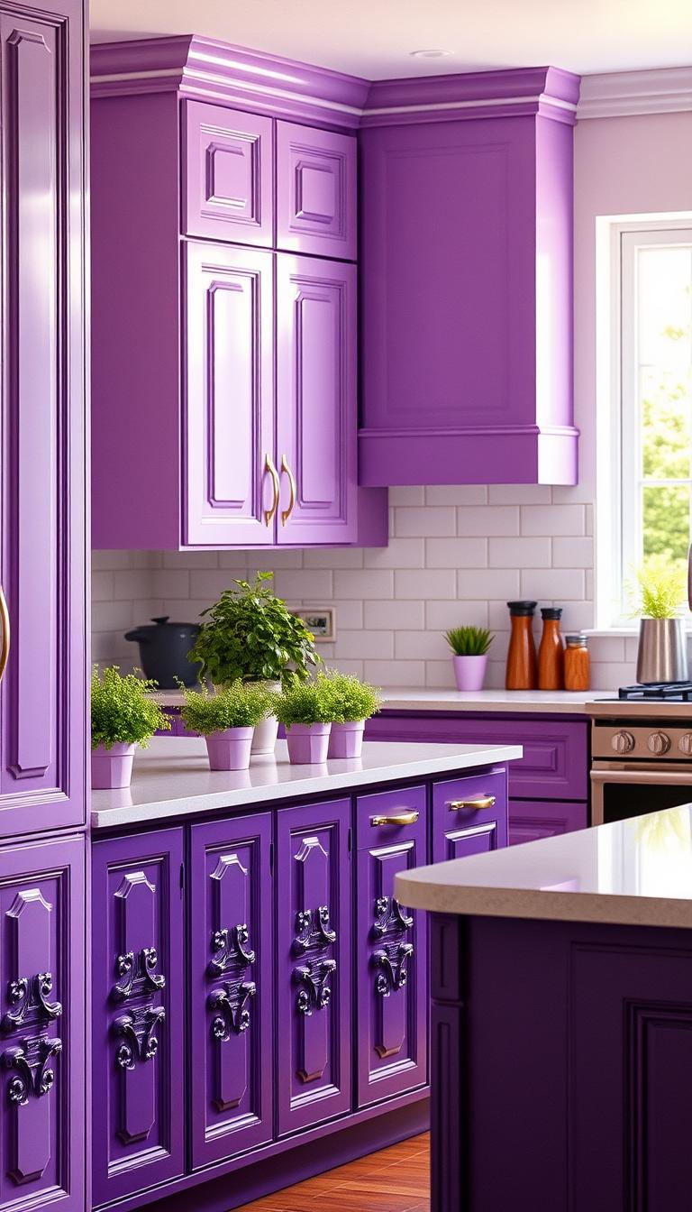 A vibrant kitchen featuring a stunning array of purple cabinets, ranging from soft lavender to deep plum shades, creating a bold and inviting atmosphere. In the foreground, intricately designed cabinet doors with elegant handles showcase the glossy finishes. In the middle, a stylish kitchen island complements the cabinets, adorned with fresh herbs in decorative pots, and modern appliances that blend seamlessly with the colorful palette. The background reveals a bright window allowing natural light to flood in, highlighting the richness of the purple hues. There are potted plants dotting the countertops, adding a touch of greenery. Capture this scene with a warm, inviting ambiance using natural lighting, shot from a slightly elevated angle to emphasize depth and space. The mood is vibrant yet cozy, perfect for a cheerful kitchen environment. A vibrant kitchen featuring a stunning array of purple cabinets, ranging from soft lavender to deep plum shades, creating a bold and inviting atmosphere. In the foreground, intricately designed cabinet doors with elegant handles showcase the glossy finishes. In the middle, a stylish kitchen island complements the cabinets, adorned with fresh herbs in decorative pots, and modern appliances that blend seamlessly with the colorful palette. The background reveals a bright window allowing natural light to flood in, highlighting the richness of the purple hues. There are potted plants dotting the countertops, adding a touch of greenery. Capture this scene with a warm, inviting ambiance using natural lighting, shot from a slightly elevated angle to emphasize depth and space. The mood is vibrant yet cozy, perfect for a cheerful kitchen environment.