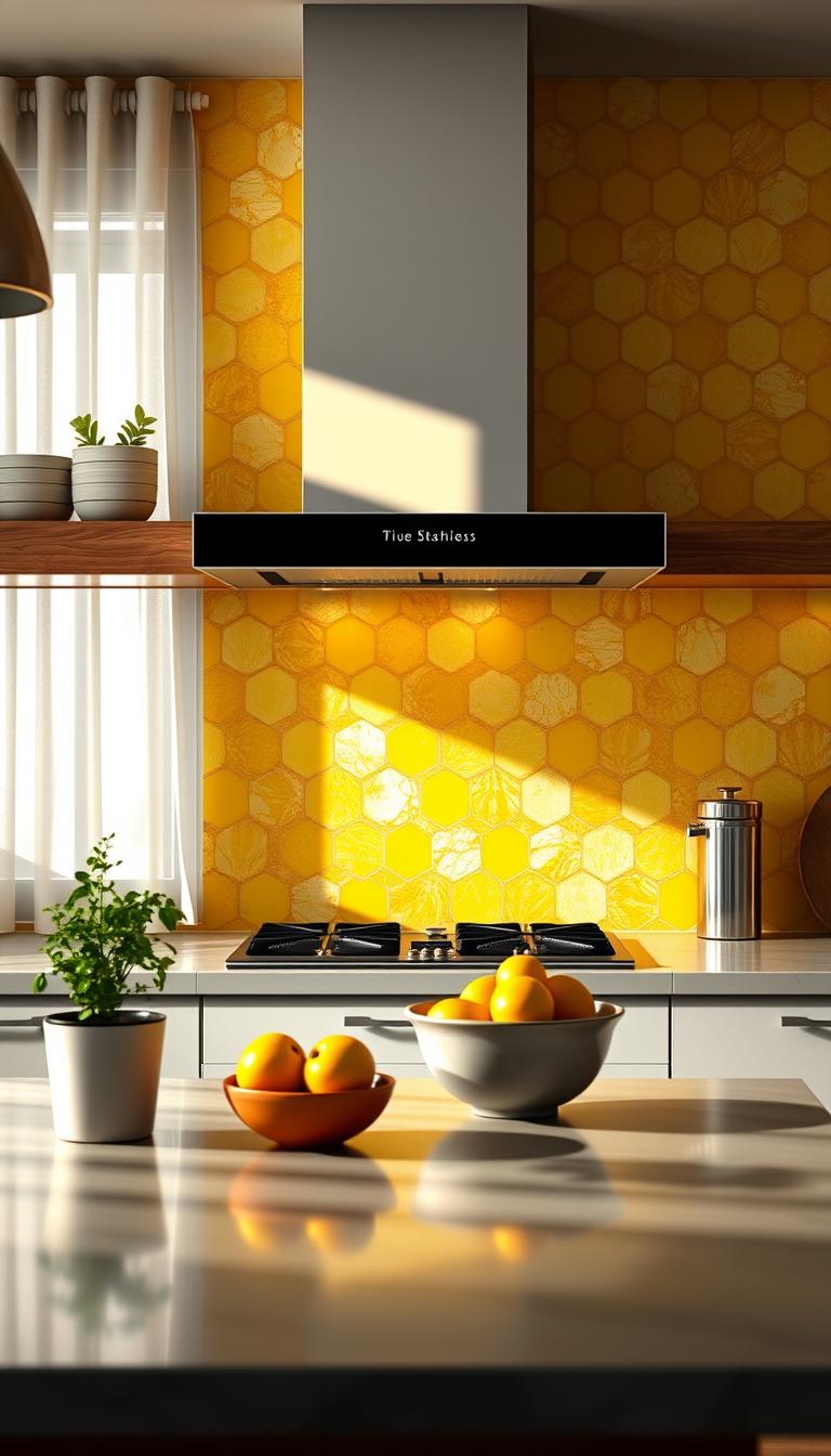 A vibrant kitchen featuring an eye-catching yellow backsplash, with intricate geometric tiles and subtle textures that reflect light beautifully. In the foreground, a sleek countertop with potted herbs and a stylish bowl of fruits adds warmth and life. The middle ground showcases the backsplash, which displays a stunning contrast of sunny yellow with splashes of white and gray, enhancing the overall design. The background includes soft, diffused lighting coming from a window adorned with light, airy curtains, creating a bright and inviting atmosphere. The overall mood is cheerful and modern, emphasizing the versatility of backsplashes in kitchen design. The composition should be photorealistic, captured from a slightly elevated angle to highlight the tiles and their details, with a sharp focus on textures.
