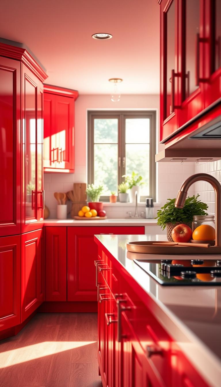 A vibrant kitchen scene featuring red cabinets in a cozy, inviting space. In the foreground, the striking red cabinetry shines with a glossy finish, showcasing intricate handles and organizational elements. The middle ground reveals a contemporary countertop adorned with fresh ingredients and kitchen utensils, adding elements of everyday life. In the background, soft natural light streams through a window, illuminating a cheerful atmosphere that enhances the warmth of the reds and corals. The scene captures a sense of energy and creativity, perfect for a modern kitchen design. The photograph is taken from a slight angle that highlights both the cabinets and the inviting workspace, creating a harmonious and lively feel. High definition with a photorealistic quality, intended to inspire and uplift. A vibrant kitchen scene featuring red cabinets in a cozy, inviting space. In the foreground, the striking red cabinetry shines with a glossy finish, showcasing intricate handles and organizational elements. The middle ground reveals a contemporary countertop adorned with fresh ingredients and kitchen utensils, adding elements of everyday life. In the background, soft natural light streams through a window, illuminating a cheerful atmosphere that enhances the warmth of the reds and corals. The scene captures a sense of energy and creativity, perfect for a modern kitchen design. The photograph is taken from a slight angle that highlights both the cabinets and the inviting workspace, creating a harmonious and lively feel. High definition with a photorealistic quality, intended to inspire and uplift.