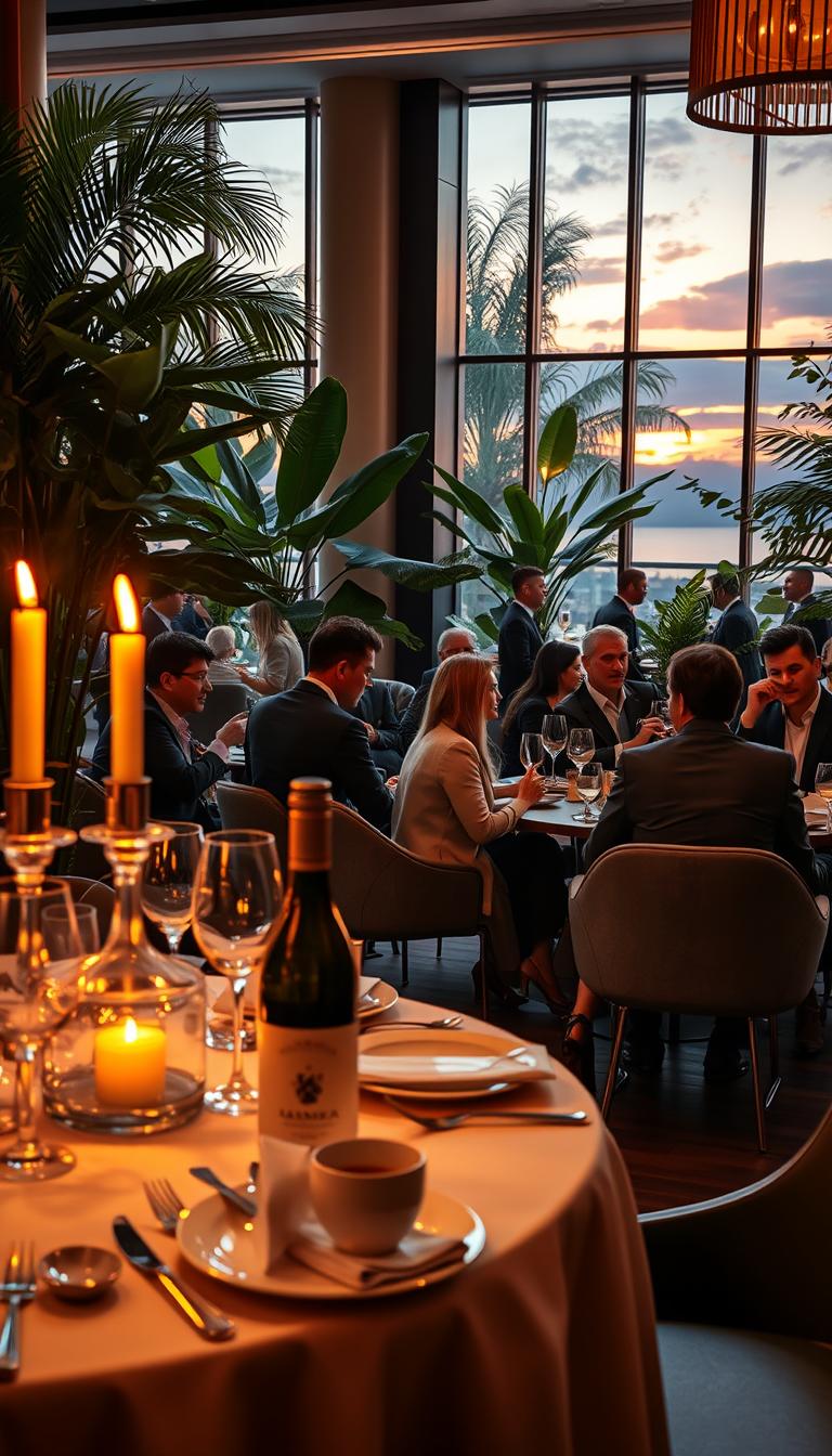 A vibrant, photorealistic scene of San Lorenzo, showcasing its luxurious atmosphere. In the foreground, a elegantly set dining table with fine china and a shimmering wine bottle, reflecting golden candlelight that casts warm hues. In the middle ground, a stylish lounge area filled with guests dressed in professional business attire and modest casual clothing, enjoying cocktails and conversations, exuding a sense of sophistication and relaxation. The background features lush greenery and soft ambient lighting that enhances the cozy, inviting environment of the Paradise Lounge, framed by tall windows displaying a picturesque sunset. The angle is slightly elevated to capture the dynamic interplay of space and human interaction, capturing the essence of leisure and elegance in a premier venue.