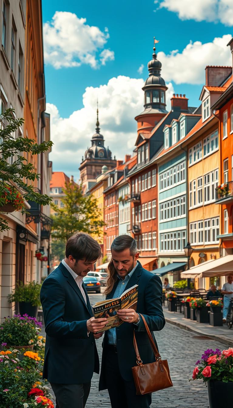 A vibrant street scene in Copenhagen showcasing a variety of charming hotels across different neighborhoods like Indre By, Vesterbro, and Christianshavn. In the foreground, a well-dressed couple examines a hotel brochure, surrounded by lush greenery and colorful flowers. The middle ground features a blend of architectural styles, displaying boutique hotels with classic and modern designs, framed by cobblestone streets. In the background, iconic Copenhagen landmarks like the Round Tower and waterfront canals are subtly visible under a bright blue sky with fluffy clouds. The lighting is warm and inviting, creating a welcoming atmosphere. The image captures the essence of urban exploration and hospitality, ideal for travelers seeking their perfect stay.