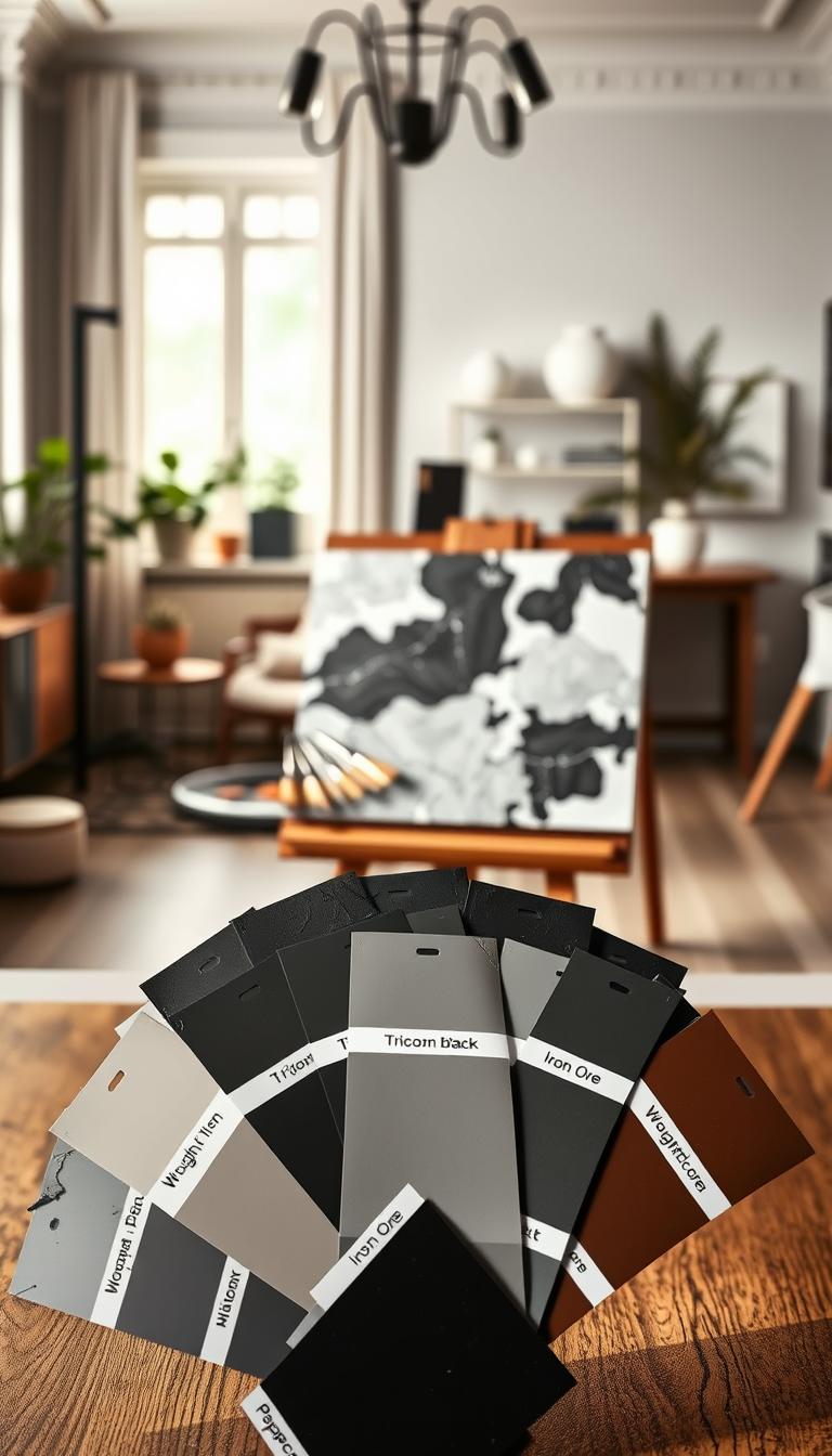 A visually striking image comparing the colors "Cracked Pepper," "Tricorn Black," "Iron Ore," "Wrought Iron," and "Peppercorn." In the foreground, place paint swatches arranged in a fan shape, each color distinctly labeled. The middle ground features an artist's palette with paintbrushes and a textured canvas displaying blended shades of gray and black. In the background, softly blurred interior elements like a stylish room with minimalist decor, warm lighting filtering through a window, creating a calm, inviting atmosphere. The composition conveys sophistication and a sense of refined decision-making in color selection, shot from a slightly elevated angle to provide depth. Photorealistic details enhance the visual appeal with high definition clarity. A visually striking image comparing the colors "Cracked Pepper," "Tricorn Black," "Iron Ore," "Wrought Iron," and "Peppercorn." In the foreground, place paint swatches arranged in a fan shape, each color distinctly labeled. The middle ground features an artist's palette with paintbrushes and a textured canvas displaying blended shades of gray and black. In the background, softly blurred interior elements like a stylish room with minimalist decor, warm lighting filtering through a window, creating a calm, inviting atmosphere. The composition conveys sophistication and a sense of refined decision-making in color selection, shot from a slightly elevated angle to provide depth. Photorealistic details enhance the visual appeal with high definition clarity.