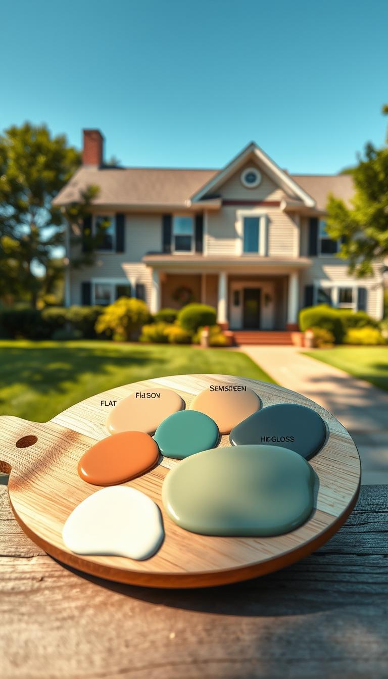 A visually striking photorealistic image showcasing various exterior paint sheens: flat, satin enamel, semi-gloss, and hi-gloss. In the foreground, paint samples on a wooden palette, each sheen clearly distinguishable under natural daylight. The middle ground features a well-maintained house, with one side painted in flat sheen, the next in satin enamel, the third in semi-gloss, and the fourth in hi-gloss, demonstrating the different finishes harmoniously. The background includes a clear blue sky and lush greenery, enhancing the colors of the paint sheens. Soft shadows cast by the sun create a warm, inviting atmosphere, emphasizing the textures of the paint finishes. Captured with a wide-angle lens for depth and clarity, this image should enchant viewers while providing educational value.