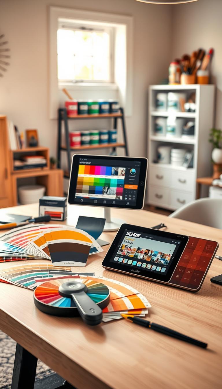 A well-organized workspace showcasing an array of Behr paint color tools, prominently displayed in the foreground. Include diverse paint swatches, color samples, and a ColorID tool arranged neatly on a stylish, light wood table. In the middle ground, a digital device displaying the Colorsmart Behr interface, with vibrant color palettes on screen. The background features a softly illuminated room with paint cans and brushes artistically arranged on shelves. The scene is bathed in natural light from a nearby window, enhancing the colors' vibrancy and creating a warm, inviting atmosphere. Emphasize a modern yet cozy feel, ideal for inspiring creativity and home transformation.