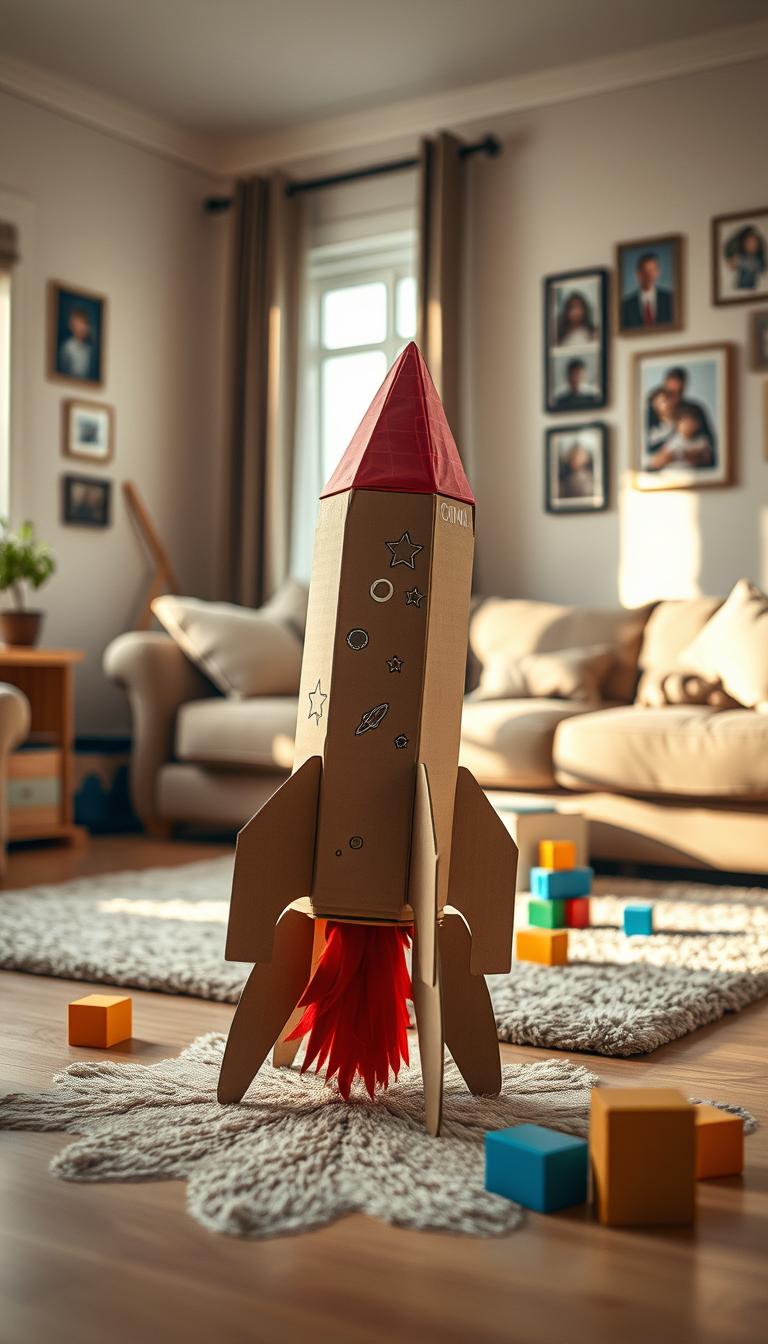 A whimsical cardboard rocket standing proudly in a cozy living room. In the foreground, the rocket features vibrant, hand-drawn decorations, like stars and planets, emphasizing its playful nature. The middle ground showcases a plush rug and scattered building blocks, suggesting a creative play area. In the background, soft natural light filters through a window, casting gentle shadows on the walls adorned with family photos. The atmosphere is warm and inviting, evoking a sense of childhood imagination and adventure. Capture the scene with a shallow depth of field to bring attention to the intricate details of the rocket while softly blurring the surroundings. The overall mood is nostalgic and cheerful, inviting viewers to consider the joys and challenges of imaginative playspaces. A whimsical cardboard rocket standing proudly in a cozy living room. In the foreground, the rocket features vibrant, hand-drawn decorations, like stars and planets, emphasizing its playful nature. The middle ground showcases a plush rug and scattered building blocks, suggesting a creative play area. In the background, soft natural light filters through a window, casting gentle shadows on the walls adorned with family photos. The atmosphere is warm and inviting, evoking a sense of childhood imagination and adventure. Capture the scene with a shallow depth of field to bring attention to the intricate details of the rocket while softly blurring the surroundings. The overall mood is nostalgic and cheerful, inviting viewers to consider the joys and challenges of imaginative playspaces.