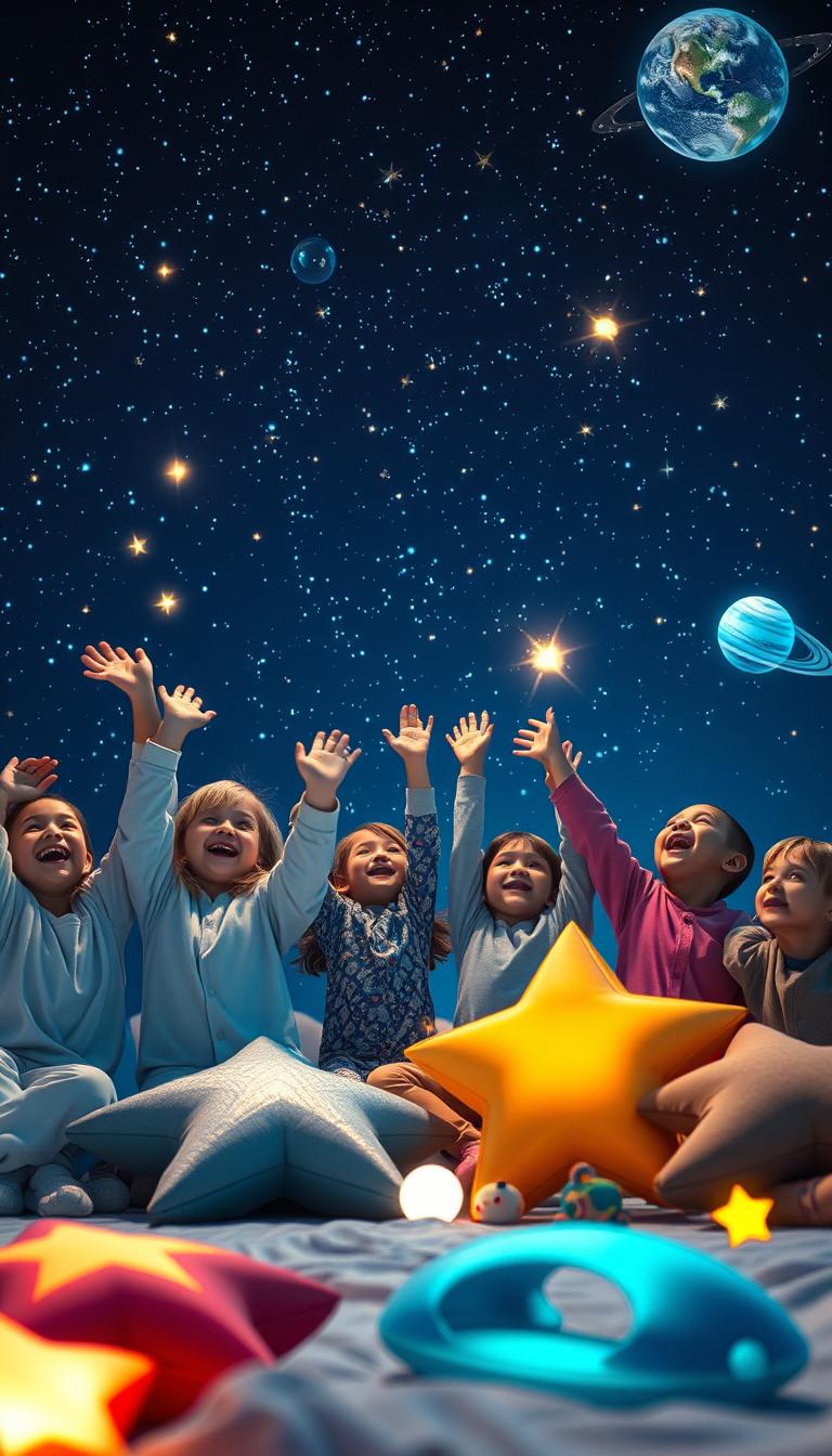 A whimsical scene depicting children joyfully playing among stars in a vast, cosmic setting. In the foreground, a diverse group of children, wearing comfortable pajamas, are seen laughing and reaching out towards sparkling stars, with their expressions full of wonder and excitement. The middle ground features colorful, oversized star-shaped cushions and glowing toys, suggesting a playful, imaginative environment. In the background, a deep blue night sky is filled with a dazzling array of twinkling stars and a few whimsical planets, softly illuminated by gentle starlight. The atmosphere is enchanting and dreamy, capturing the magic of childhood imagination. The image is photorealistic, with sharp details and soft lighting that enhances the dreamlike quality, shot from a slightly low angle to emphasize the expansive sky and the children's joy. A whimsical scene depicting children joyfully playing among stars in a vast, cosmic setting. In the foreground, a diverse group of children, wearing comfortable pajamas, are seen laughing and reaching out towards sparkling stars, with their expressions full of wonder and excitement. The middle ground features colorful, oversized star-shaped cushions and glowing toys, suggesting a playful, imaginative environment. In the background, a deep blue night sky is filled with a dazzling array of twinkling stars and a few whimsical planets, softly illuminated by gentle starlight. The atmosphere is enchanting and dreamy, capturing the magic of childhood imagination. The image is photorealistic, with sharp details and soft lighting that enhances the dreamlike quality, shot from a slightly low angle to emphasize the expansive sky and the children's joy.