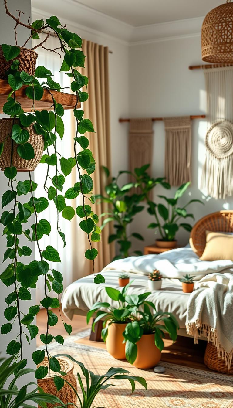 An elegant boho style bedroom adorned with a variety of lush, green houseplants. In the foreground, a vibrant pothos vine cascades down a wooden shelf, complemented by a tall, textured ceramic pot holding a fiddle leaf fig. In the middle, a cozy bed with neutral-toned linens, where a few small potted succulents rest on the bedside table. The background features natural light filtering through macrame curtains, casting soft shadows on the walls. Rich textures from woven wall hangings and a rattan chair with a cotton throw blanket add depth. The atmosphere is serene and calming, perfect for creating an oasis feel. Use a soft focus lens at a slightly elevated angle to capture the warmth and tranquility of the space, ensuring photorealism and high definition. An elegant boho style bedroom adorned with a variety of lush, green houseplants. In the foreground, a vibrant pothos vine cascades down a wooden shelf, complemented by a tall, textured ceramic pot holding a fiddle leaf fig. In the middle, a cozy bed with neutral-toned linens, where a few small potted succulents rest on the bedside table. The background features natural light filtering through macrame curtains, casting soft shadows on the walls. Rich textures from woven wall hangings and a rattan chair with a cotton throw blanket add depth. The atmosphere is serene and calming, perfect for creating an oasis feel. Use a soft focus lens at a slightly elevated angle to capture the warmth and tranquility of the space, ensuring photorealism and high definition.
