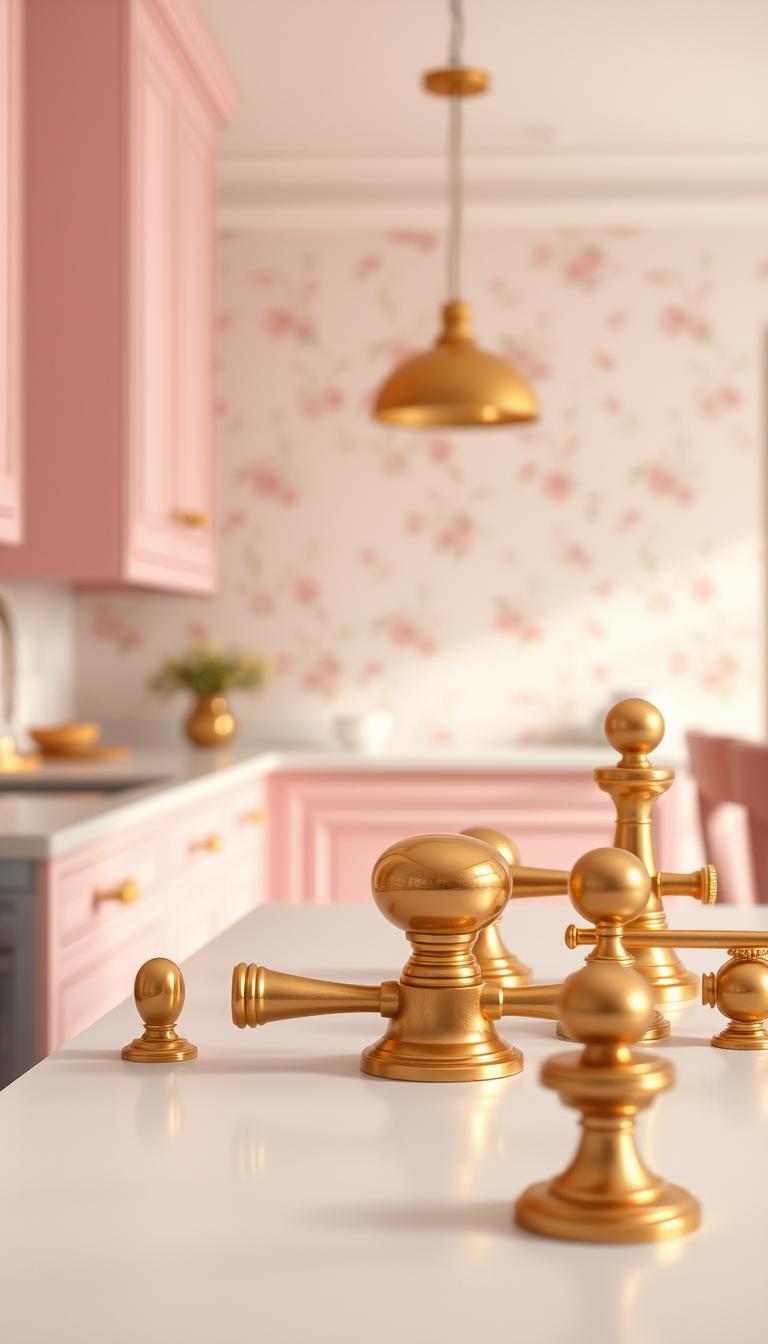Create a photorealistic image of elegant brass hardware, showcasing a stunning array of polished brass pulls, knobs, and hinges on kitchen cabinetry. In the foreground, focus on the intricate details of these hardware pieces, reflecting the warm hues of brass under soft, diffused natural lighting. The middle ground features a serene pink kitchen with sleek cabinetry and delicate pendant lights hanging above an inviting countertop. The background includes softly blurred pastel walls adorned with subtle floral motifs, enhancing the tranquil atmosphere. Use a shallow depth of field to emphasize the hardware while creating a cozy, warm ambiance, evoking a sense of calm and refinement in this stylish kitchen setting. The image should not contain any text or overlays.
