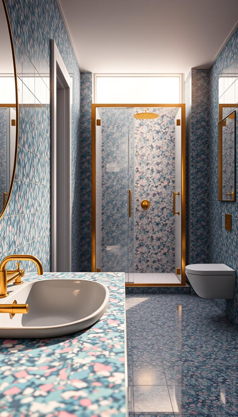 Photorealistic image of a stylish bathroom showcasing vibrant terrazzo tiles covering both the floor and the walls. The foreground features a sleek, modern sink with gold fixtures, enhancing the colorful terrazzo's rich patterns of blues, greens, and pinks. In the middle ground, an elegant shower stall partially opens with glass doors, reflecting light and showcasing an intricate mosaic of terrazzo. The background is softly illuminated with natural light streaming through a frosted window, casting a warm, inviting glow that accentuates the textures. The overall atmosphere evokes a sense of modern sophistication, blending charming vintage aesthetics with contemporary design. The perspective is from a slight angle to provide depth, capturing the full beauty of the terrazzo tiles.